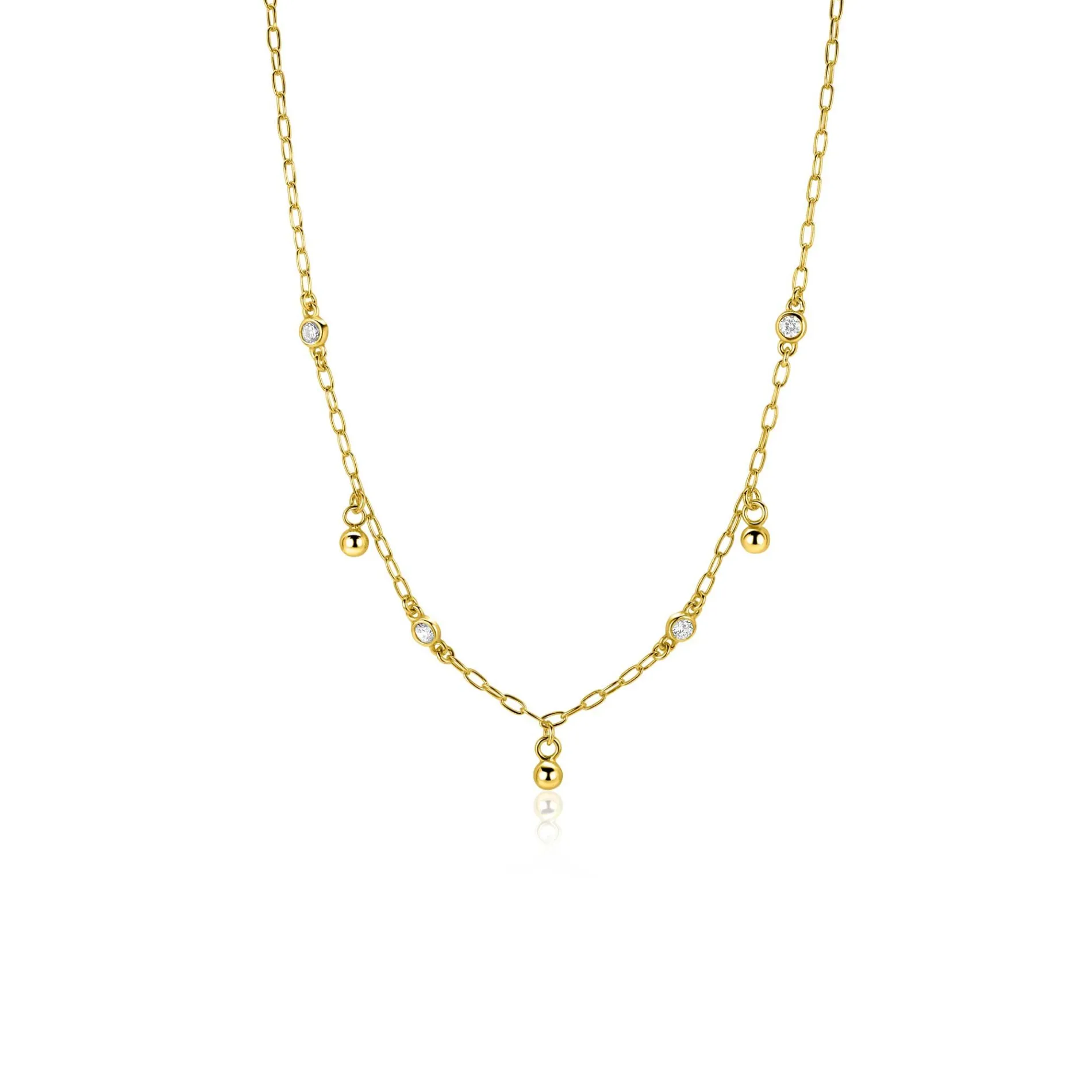 ZINZI gold plated zilveren schakelketting met vier witte zirkonia's en 3 ronde bolletjes, gelijkmatig verdeeld over de ketting 42-45cm ZIC2658