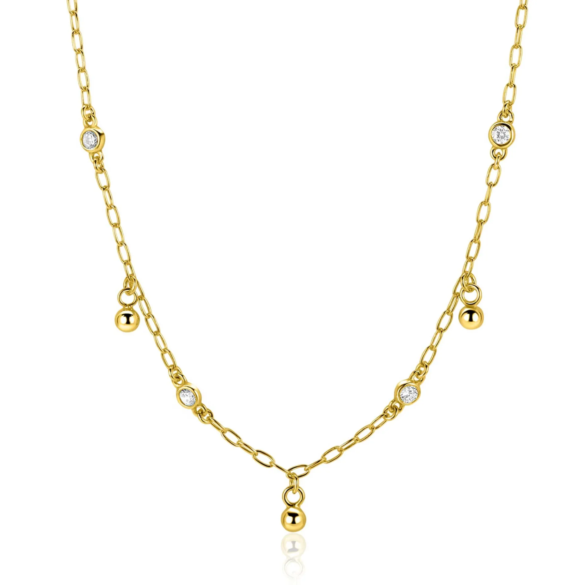 ZINZI gold plated zilveren schakelketting met vier witte zirkonia's en 3 ronde bolletjes, gelijkmatig verdeeld over de ketting 42-45cm ZIC2658