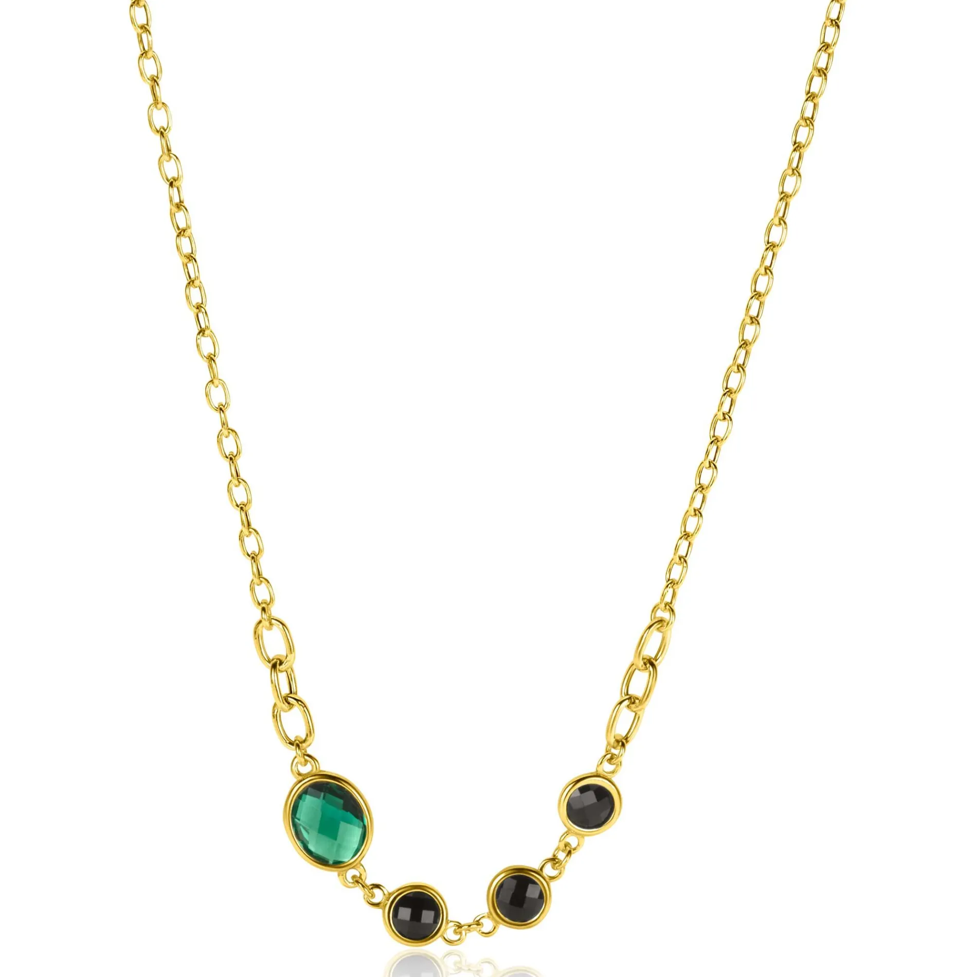 ZINZI gold plated zilveren schakel ketting 45cm met drie ronde zettingen zwart en ovale zetting groen 42-45cm ZIC2389