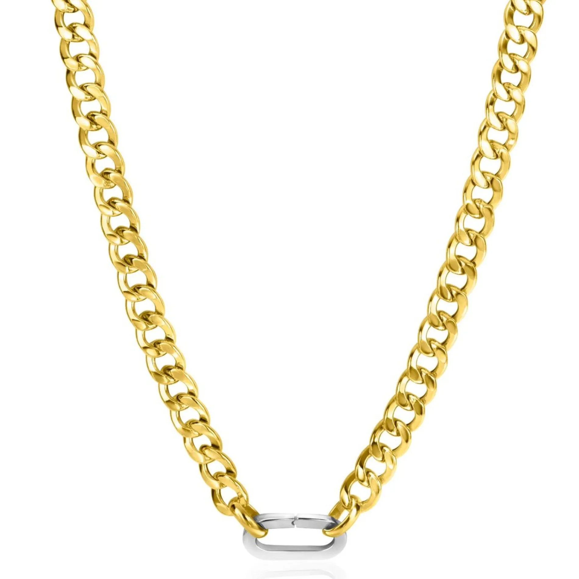 ZINZI gold plated zilveren brede gourmet ketting 42cm met zilveren ovale sluitring ZIC2378G