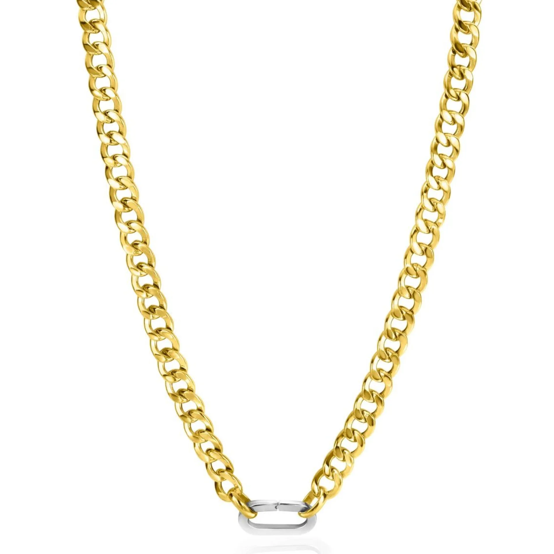 ZINZI gold plated zilveren brede gourmet ketting 42cm met zilveren ovale sluitring ZIC2378G