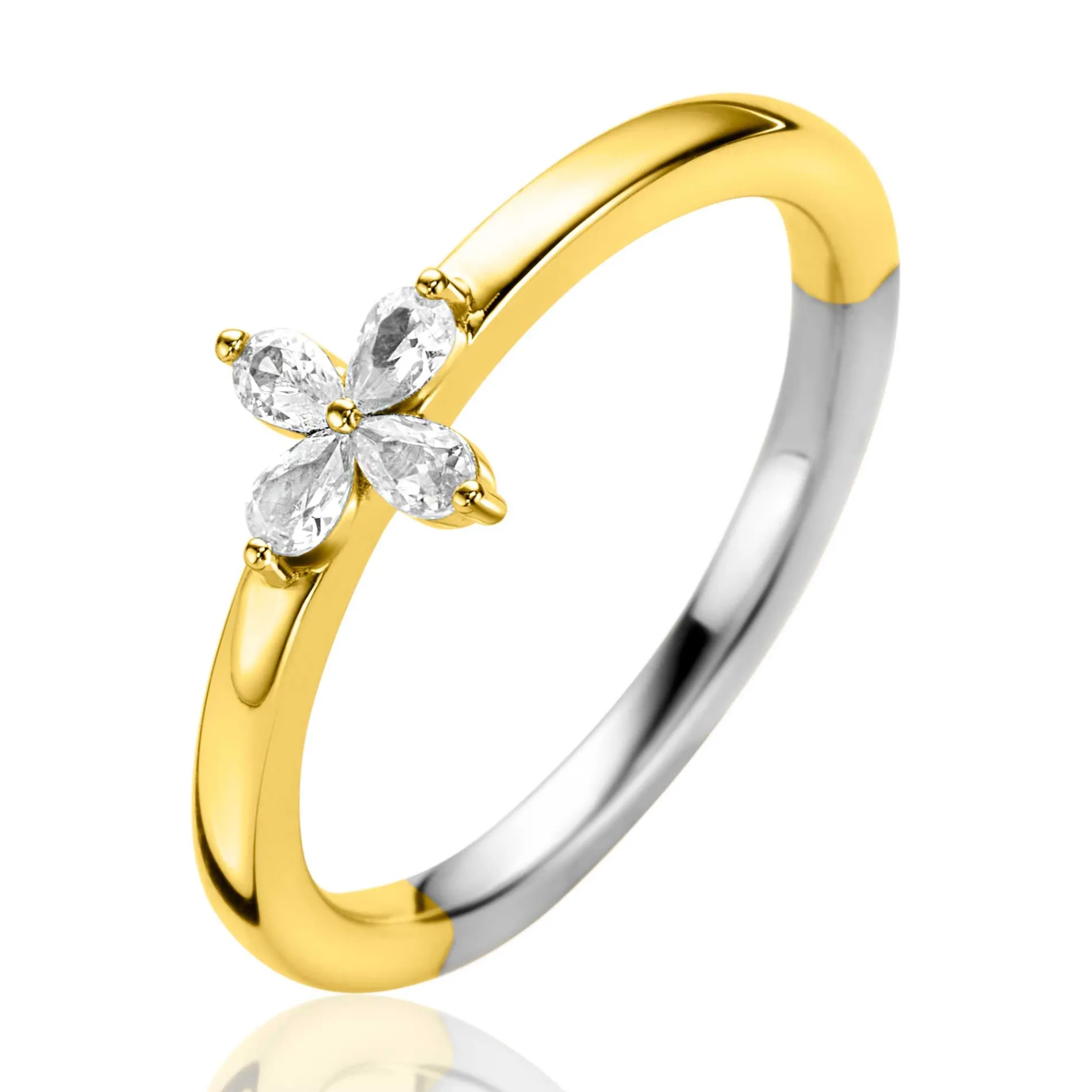 ZINZI gold plated zilveren ring met bloem (7,5mm), bezet met vier druppelvormige witte zirconia's ZIR2624