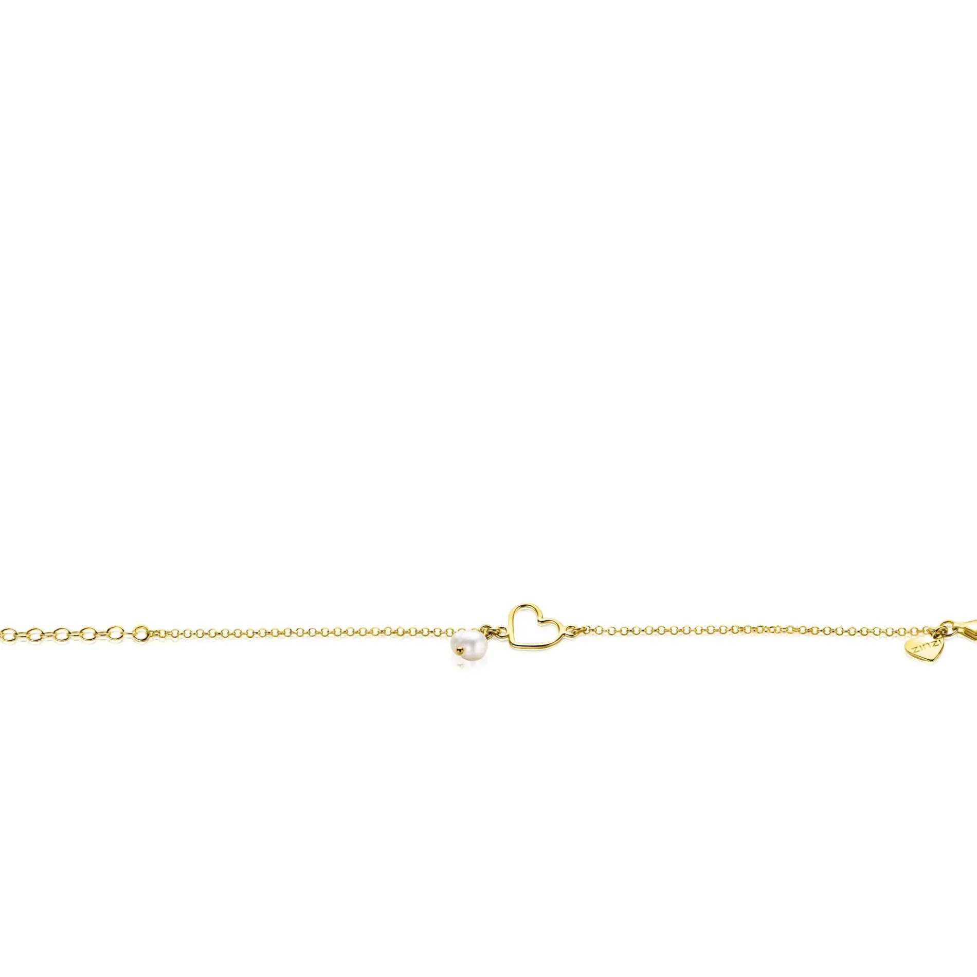 ZINZI gold plated zilveren armband met open hartje en bungelend witte zoetwaterparel 16-19cm ZIA2642
