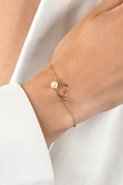 ZINZI gold plated zilveren armband met open hartje en bungelend witte zoetwaterparel 16-19cm ZIA2642