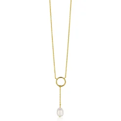 ZINZI gold plated zilveren Y-ketting met open rondje en bungelend witte zoetwaterparel in organische vorm 42-45cm ZIC2615