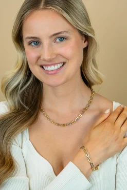 ZINZI gold plated zilveren schakelketting 42-45cm met bicolor rechthoekige schakels (6,5mm breed) ZIC2757