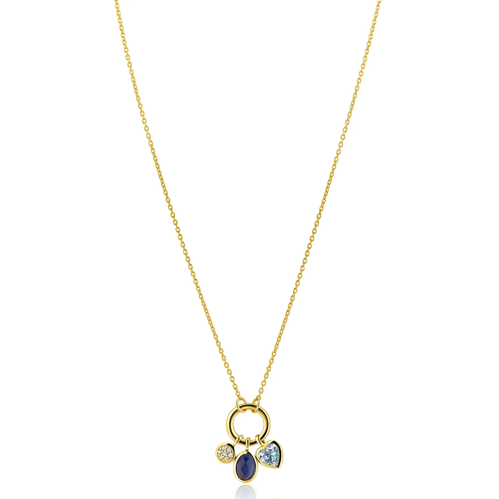 ZINZI gold plated zilveren ketting met ronde sluitring en drie luxe bedels 42-45cm ZIC2737