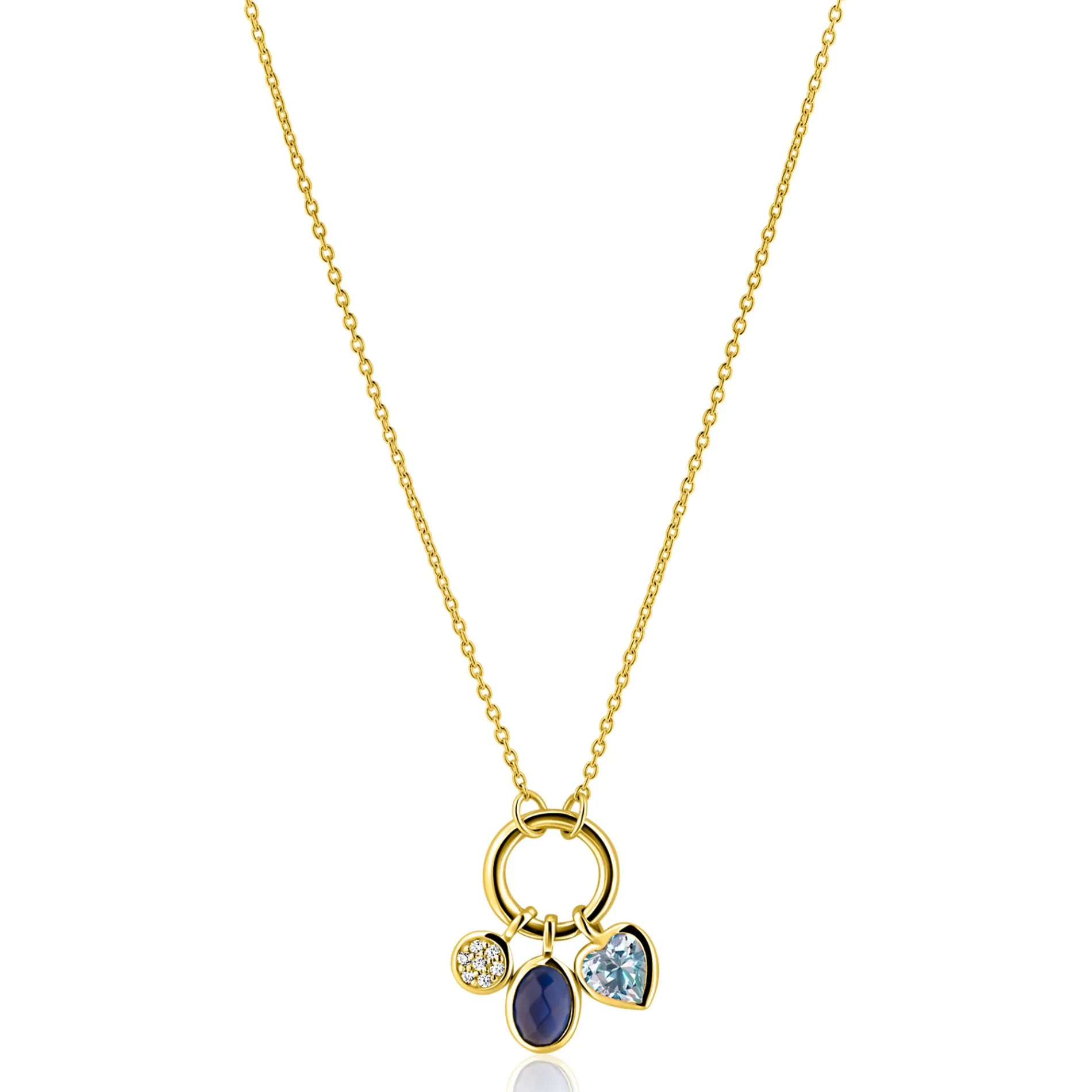ZINZI gold plated zilveren ketting met ronde sluitring en drie luxe bedels 42-45cm ZIC2737