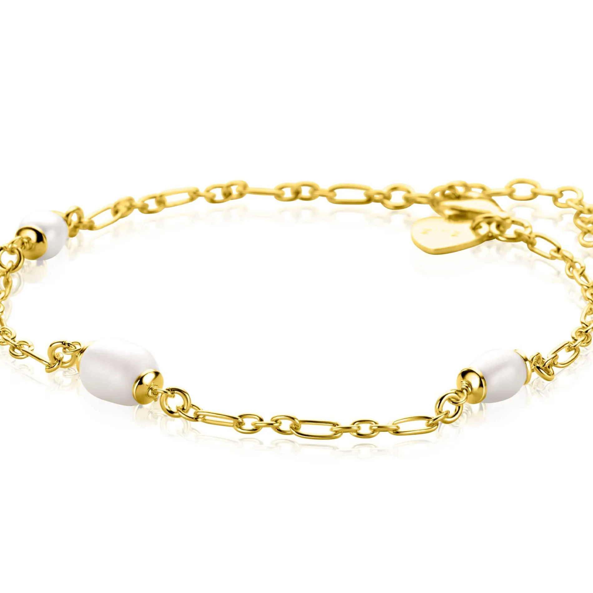 ZINZI gold plated zilveren schakelarmband met drie ovale witte zoetwaterparels 17-20cm ZIA2588