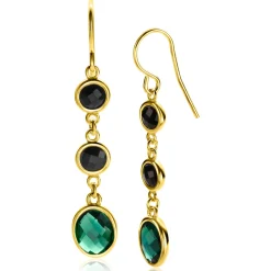 ZINZI gold plated zilveren lange oorhangers 50mm, bezet met twee ronde zwarte zirconia's en een grotere ovale groene kleursteen ZIO2389