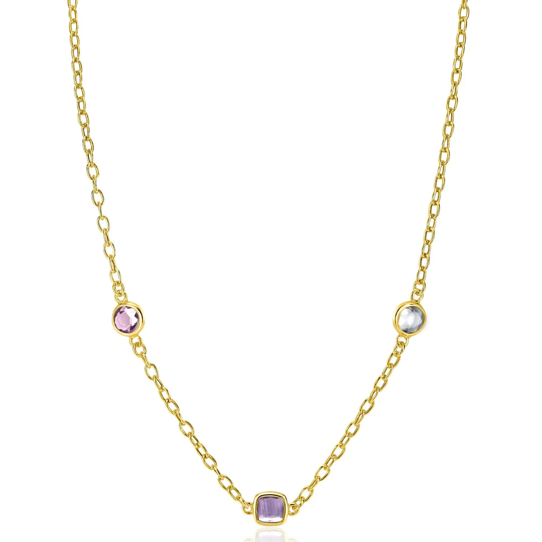 ZINZI gold plated zilveren schakelketting met ronde en vierkante zettingen pastel en paars 42-45cm ZIC2525G