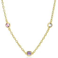 ZINZI gold plated zilveren schakelketting met ronde en vierkante zettingen pastel en paars 42-45cm ZIC2525G