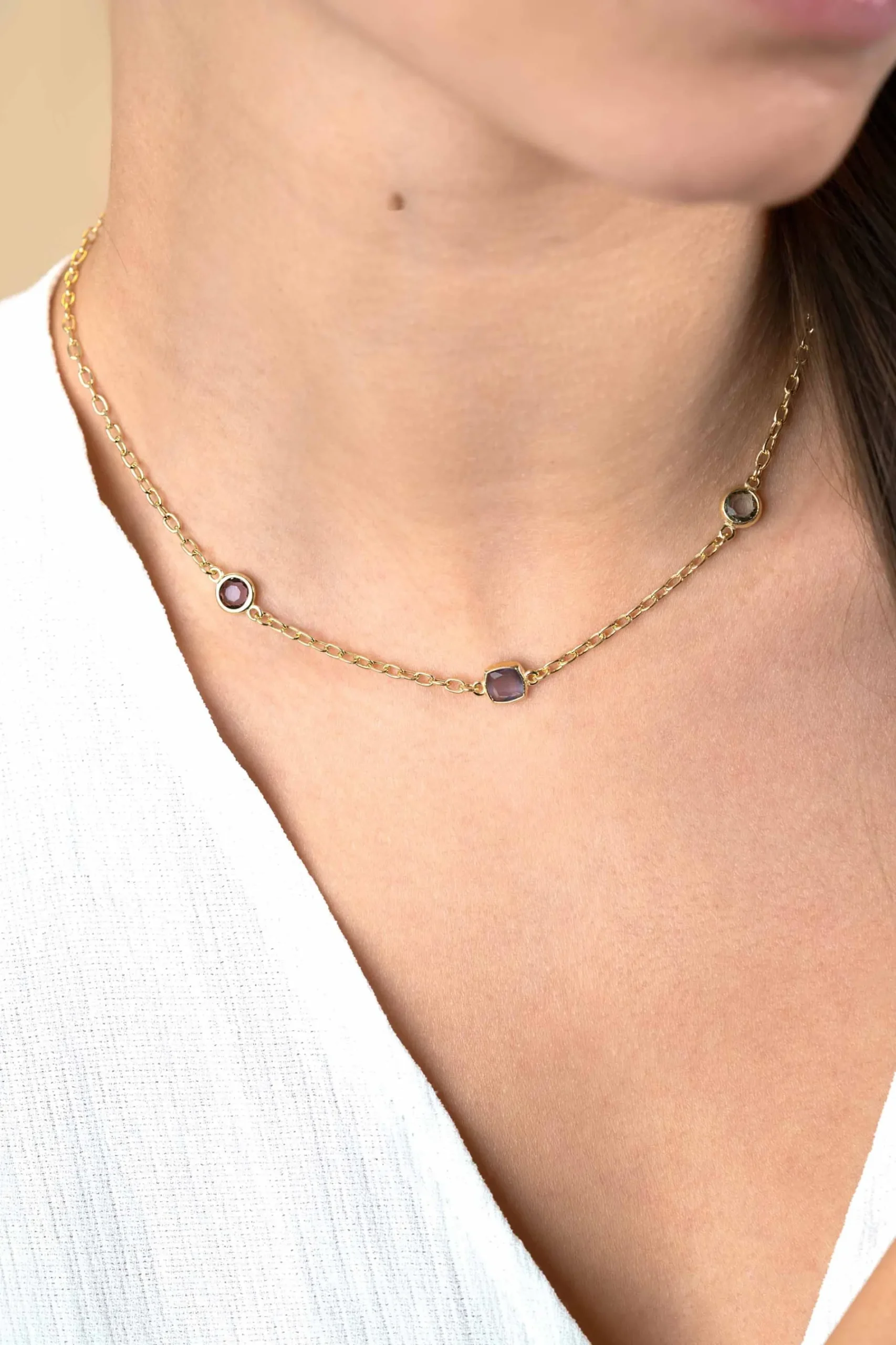 ZINZI gold plated zilveren schakelketting met ronde en vierkante zettingen pastel en paars 42-45cm ZIC2525G