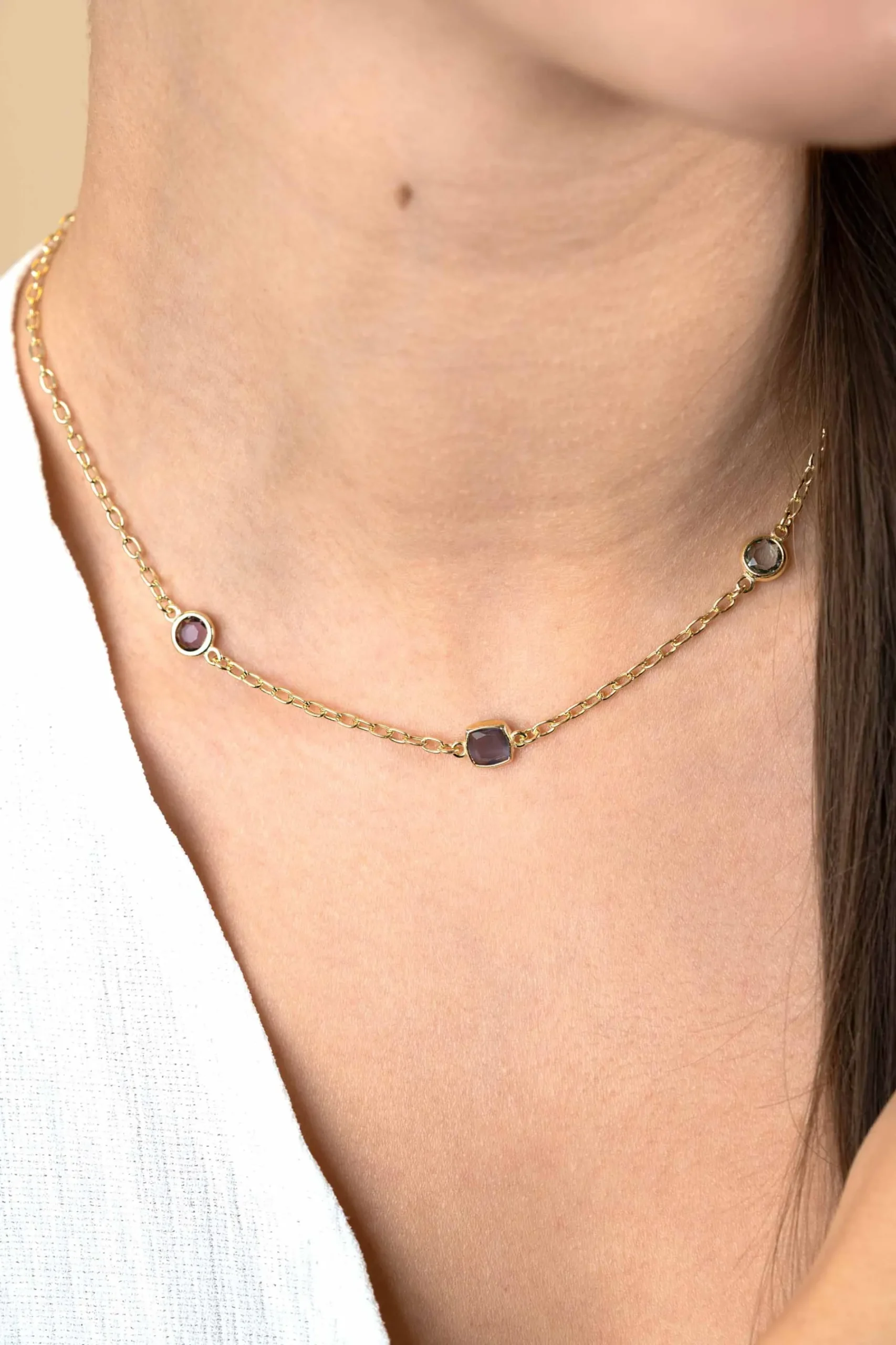 ZINZI gold plated zilveren schakelketting met ronde en vierkante zettingen pastel en paars 42-45cm ZIC2525G