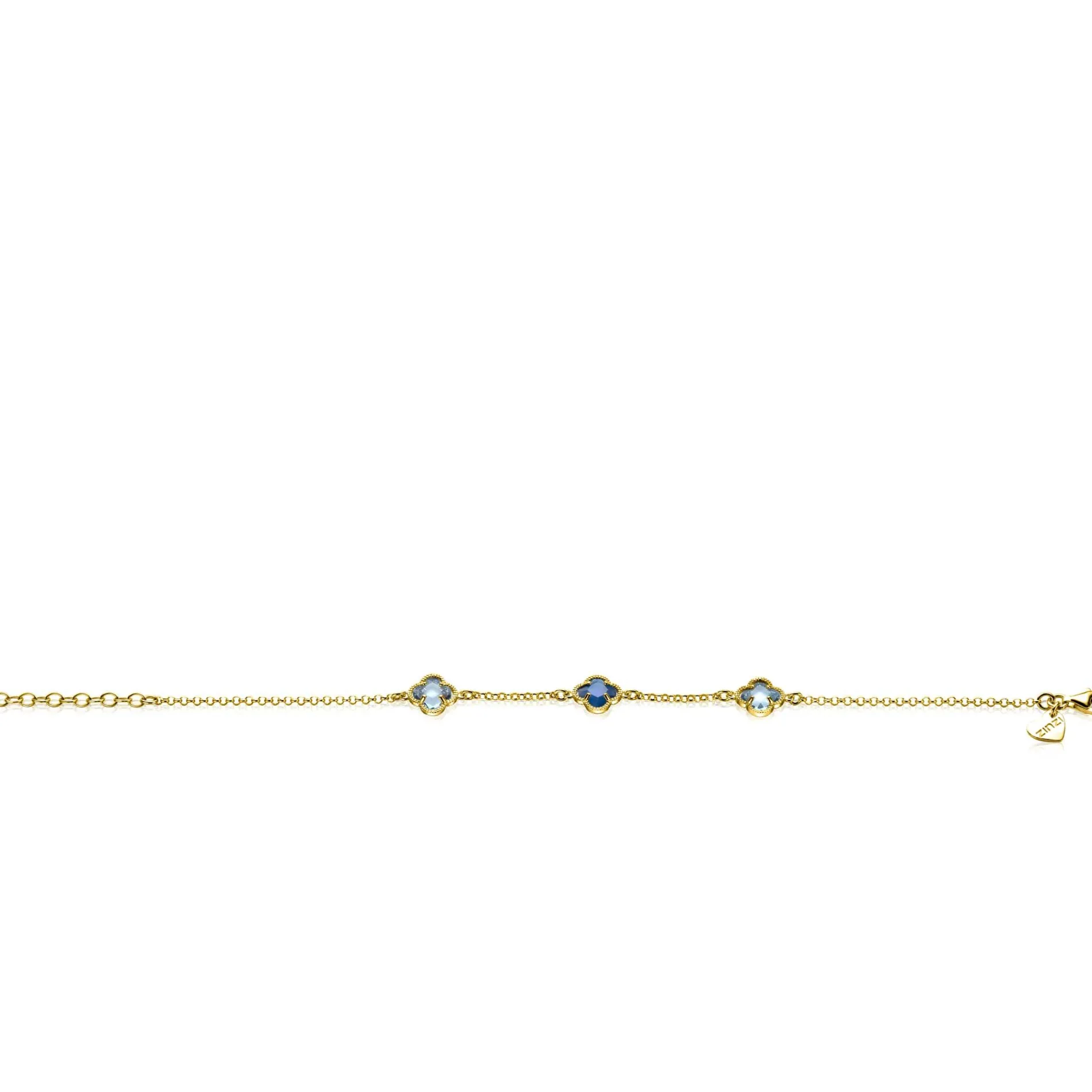 ZINZI gold plated zilveren schakel armband met twee lichtblauwe klavers en een donkerblauwe klaver in het midden 17-20cm ZIA2662B