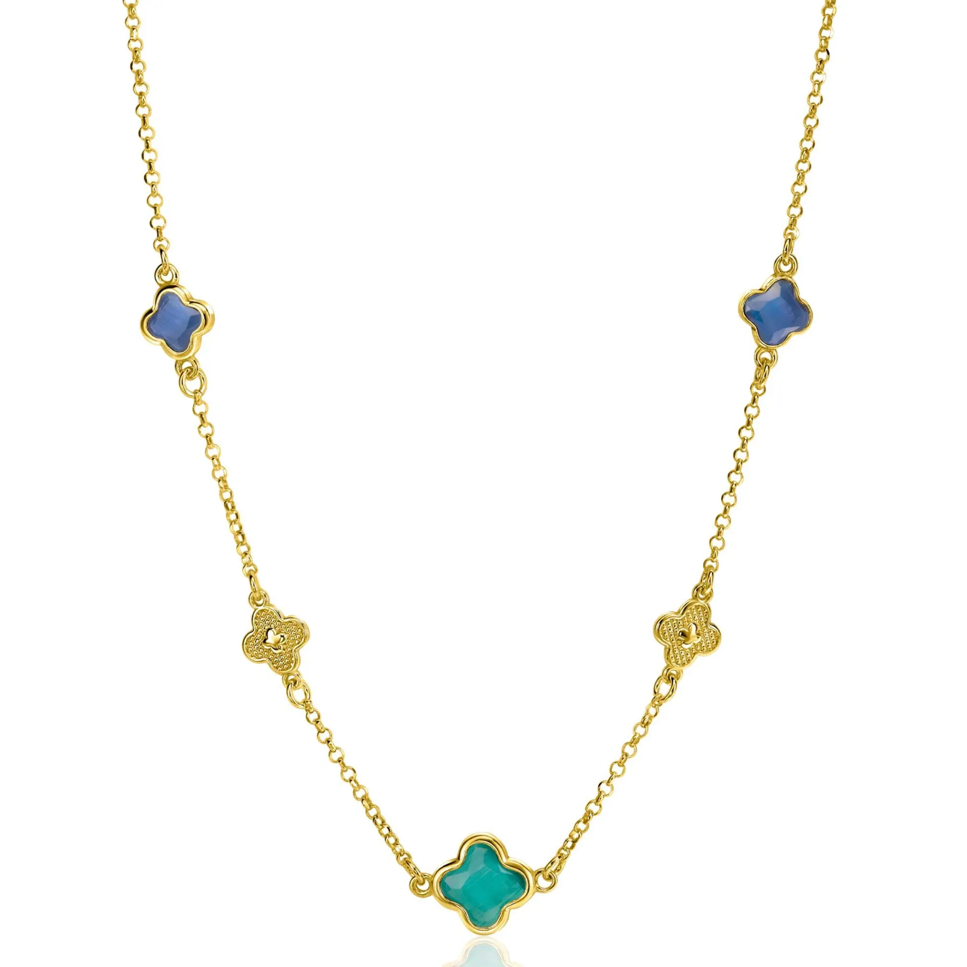 ZINZI gold plated zilveren schakel ketting met twee donkerblauwe klavers en een grotere groene klaver 40-45cm ZIC2583