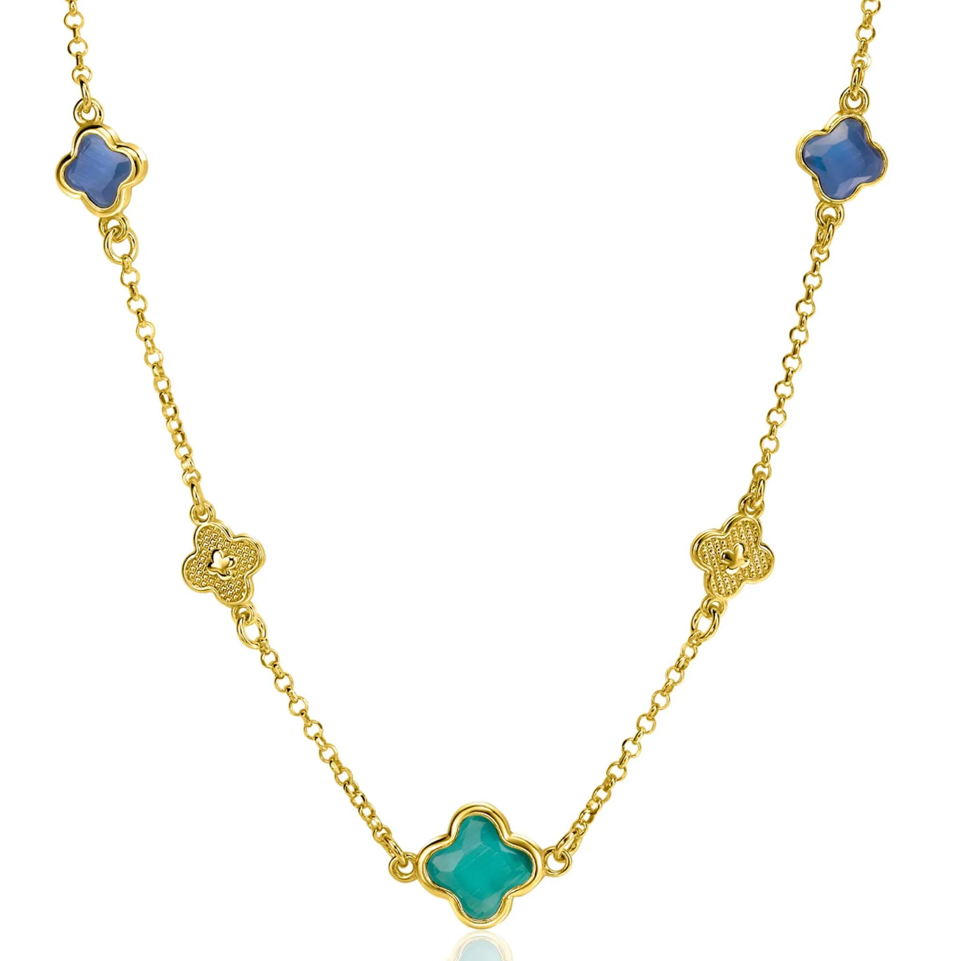 ZINZI gold plated zilveren schakel ketting met twee donkerblauwe klavers en een grotere groene klaver 40-45cm ZIC2583