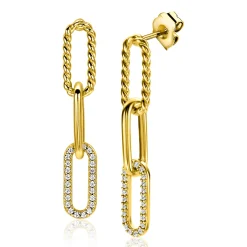 ZINZI gold plated zilveren lange oorsieraden 30mm met drie paperclip schakels, glad bewerkt witte zirconia's ZIO2330Y