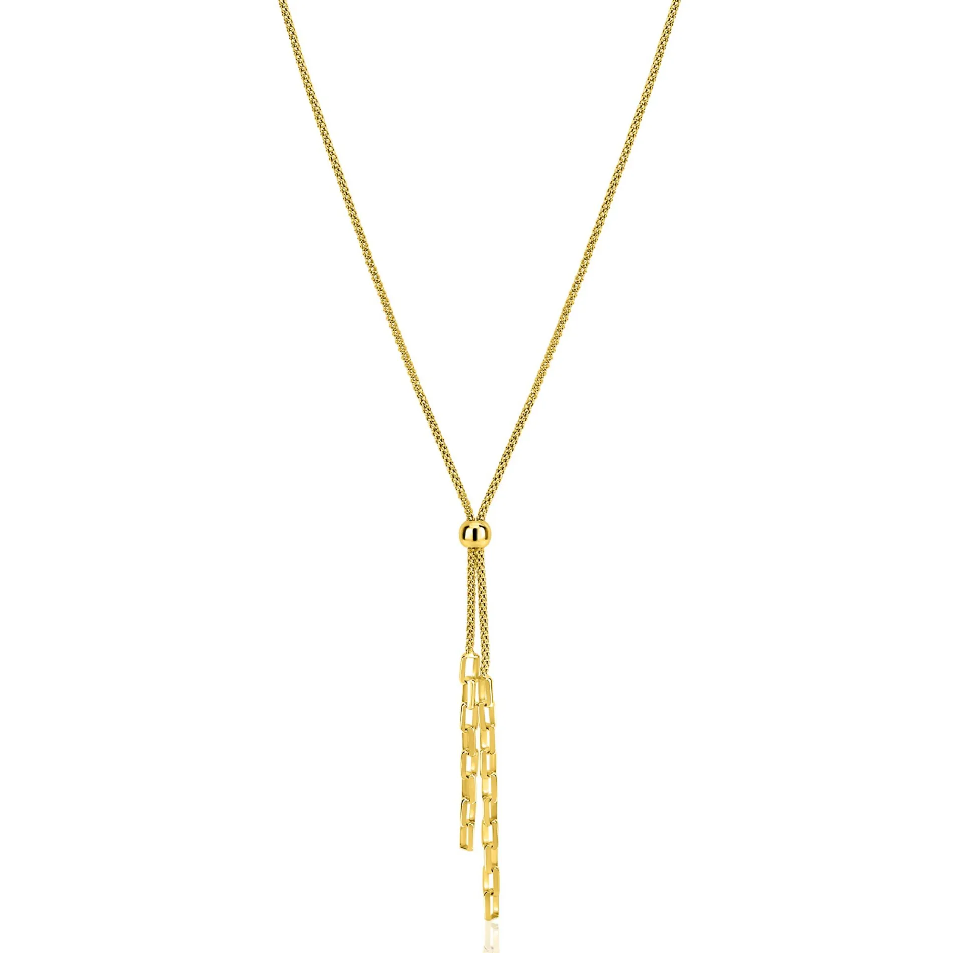 ZINZI gold plated zilveren Y-collier 43–46cm met popcorn schakel en twee bungelende kettinkjes ZIC2710G
