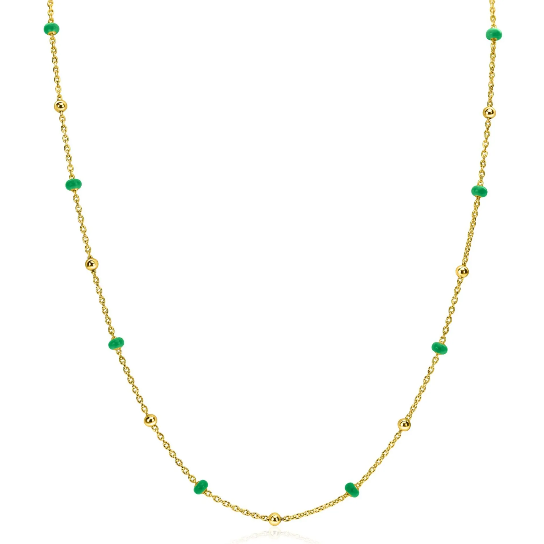 ZINZI gold plated zilveren fantasie ketting met 13 groene donuts en glanzende bolletjes 42-45cm ZIC2509