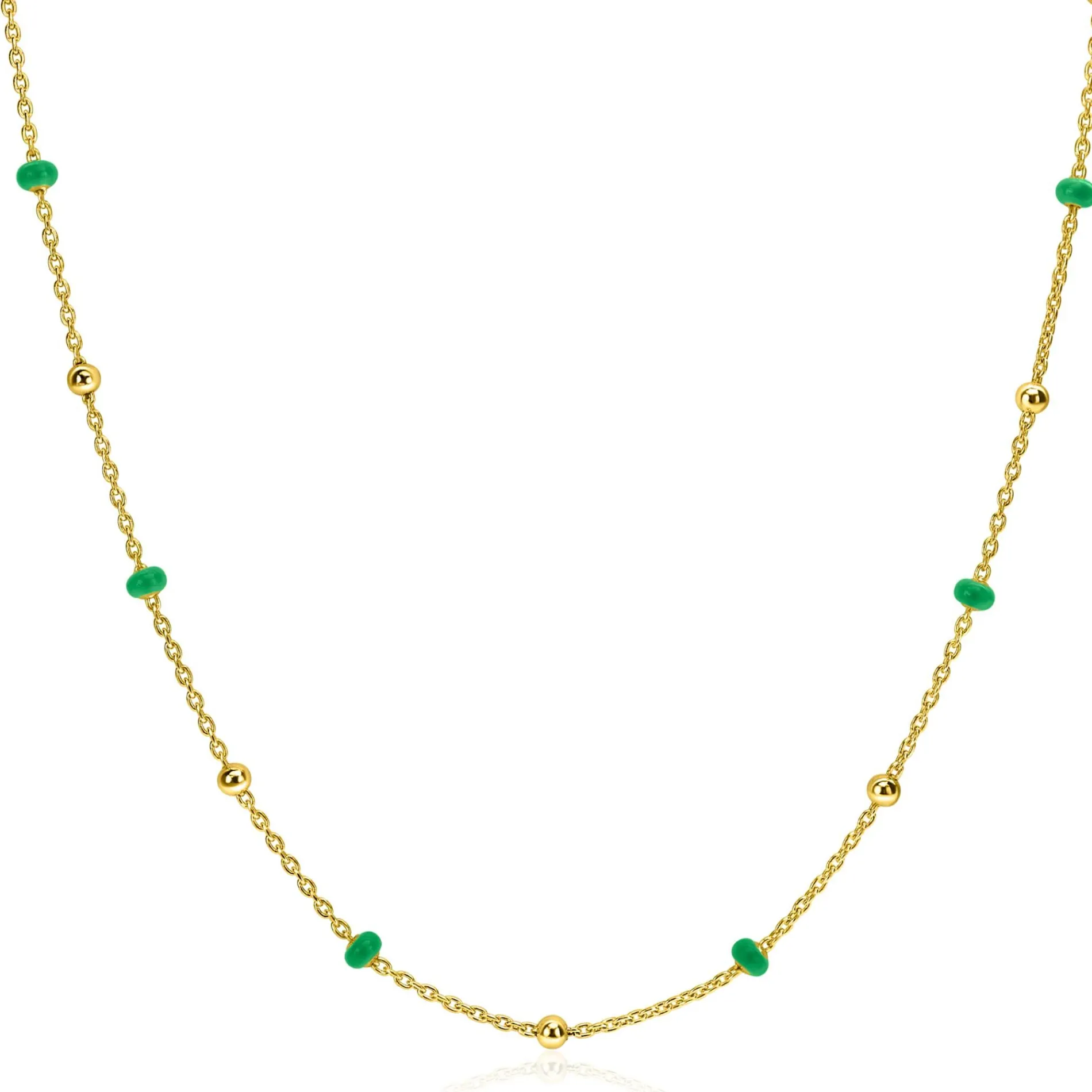 ZINZI gold plated zilveren fantasie ketting met 13 groene donuts en glanzende bolletjes 42-45cm ZIC2509
