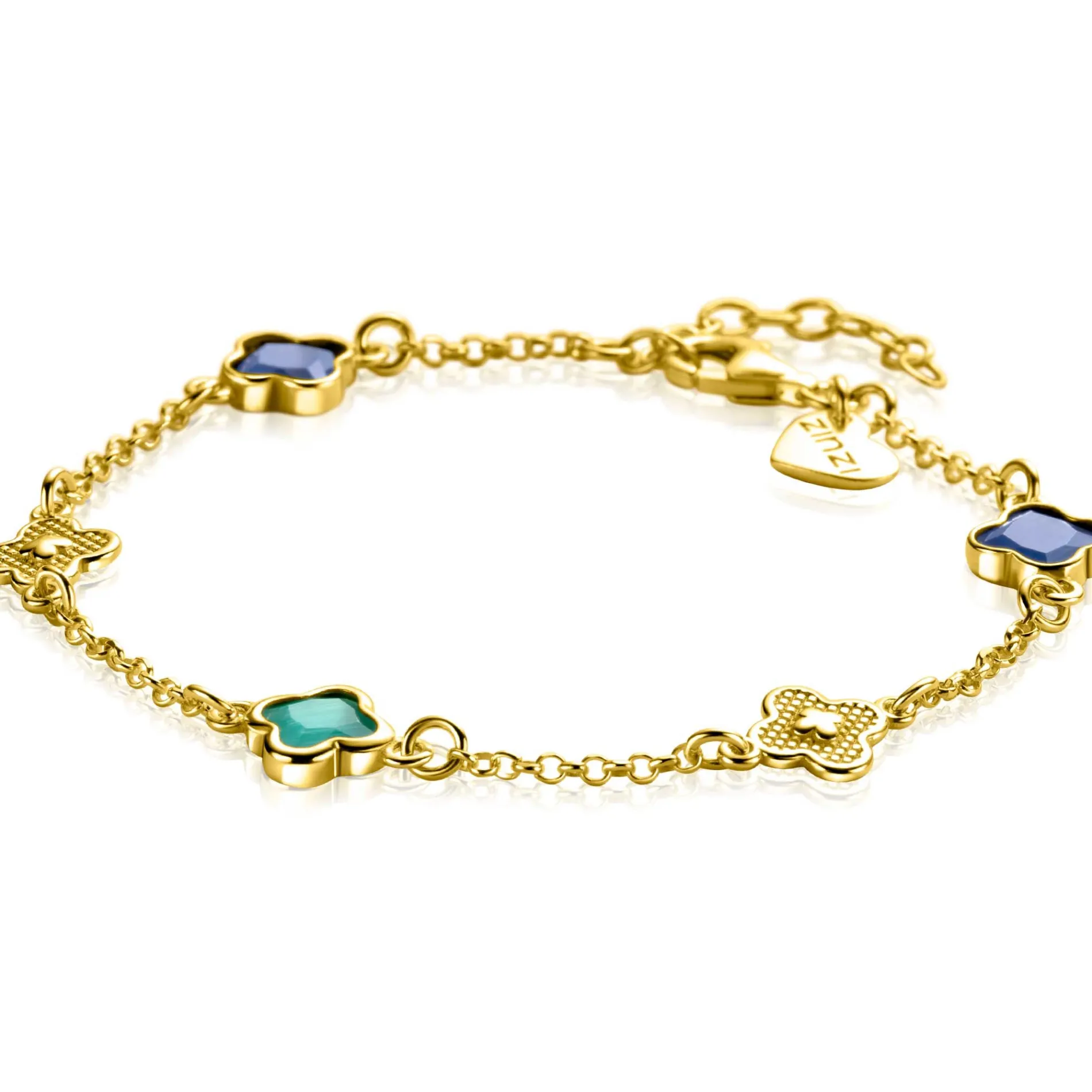 ZINZI gold plated zilveren schakel armband met twee donkerblauwe klavers en een groene klaver 16-19cm ZIA2583