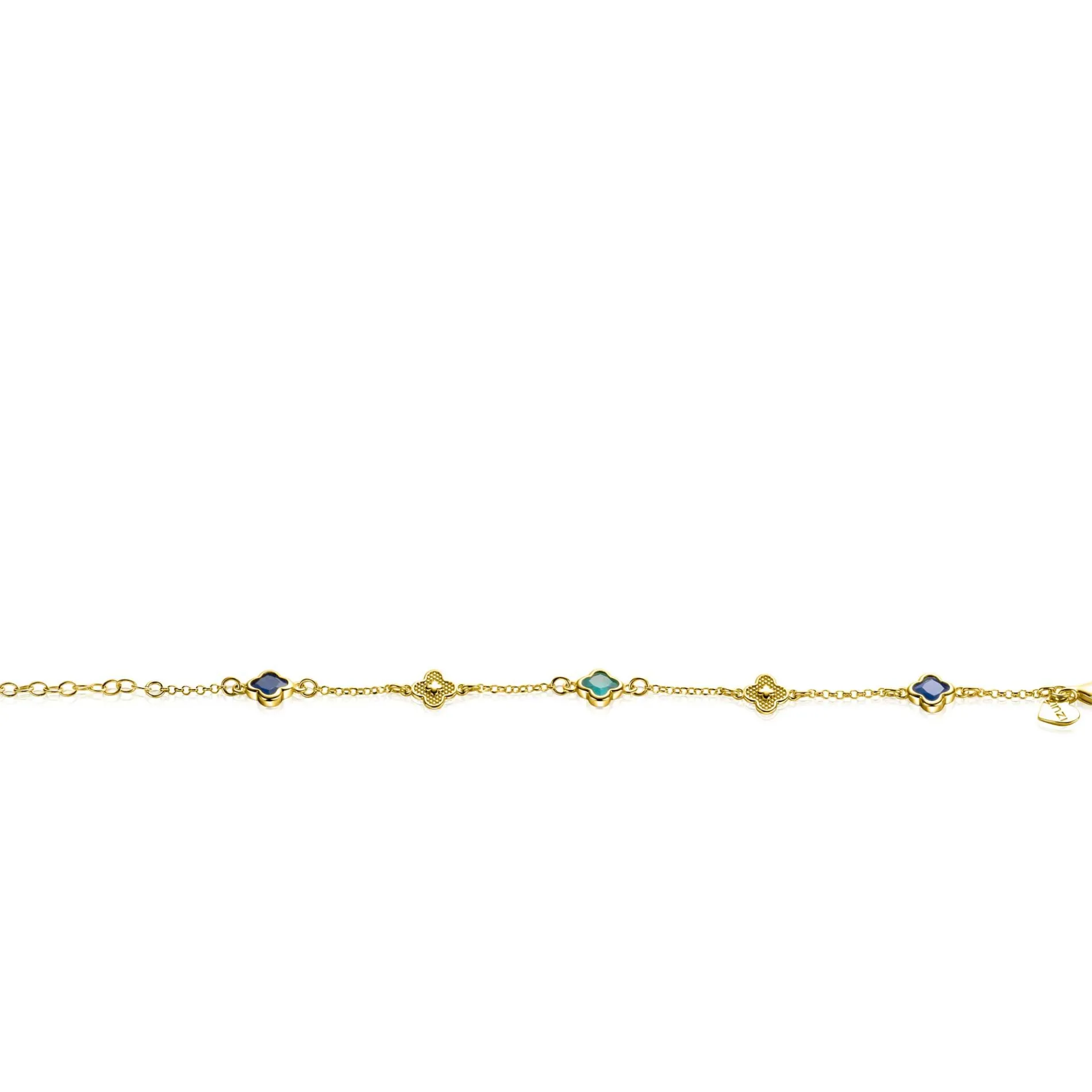 ZINZI gold plated zilveren schakel armband met twee donkerblauwe klavers en een groene klaver 16-19cm ZIA2583