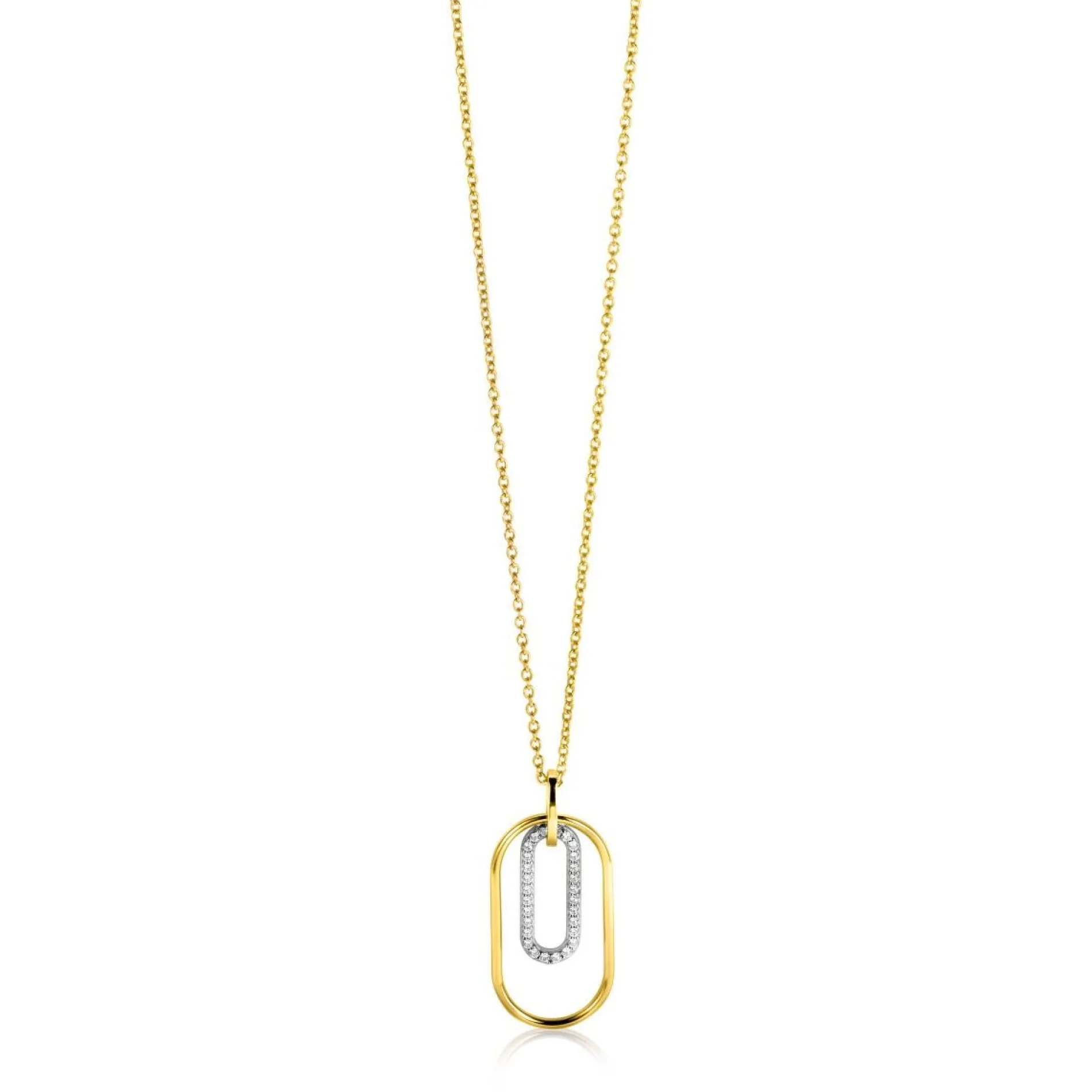 ZINZI gold plated zilveren ovale hanger 32mm bezet met witte zirconia's ZIH2329 (zonder collier)