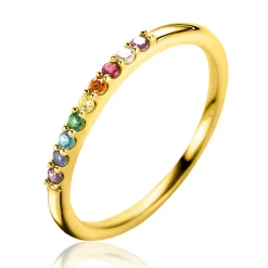 ZINZI gold plated zilveren aanschuifring met regenboog kleurstenen in chatonzettingen ZIR2598