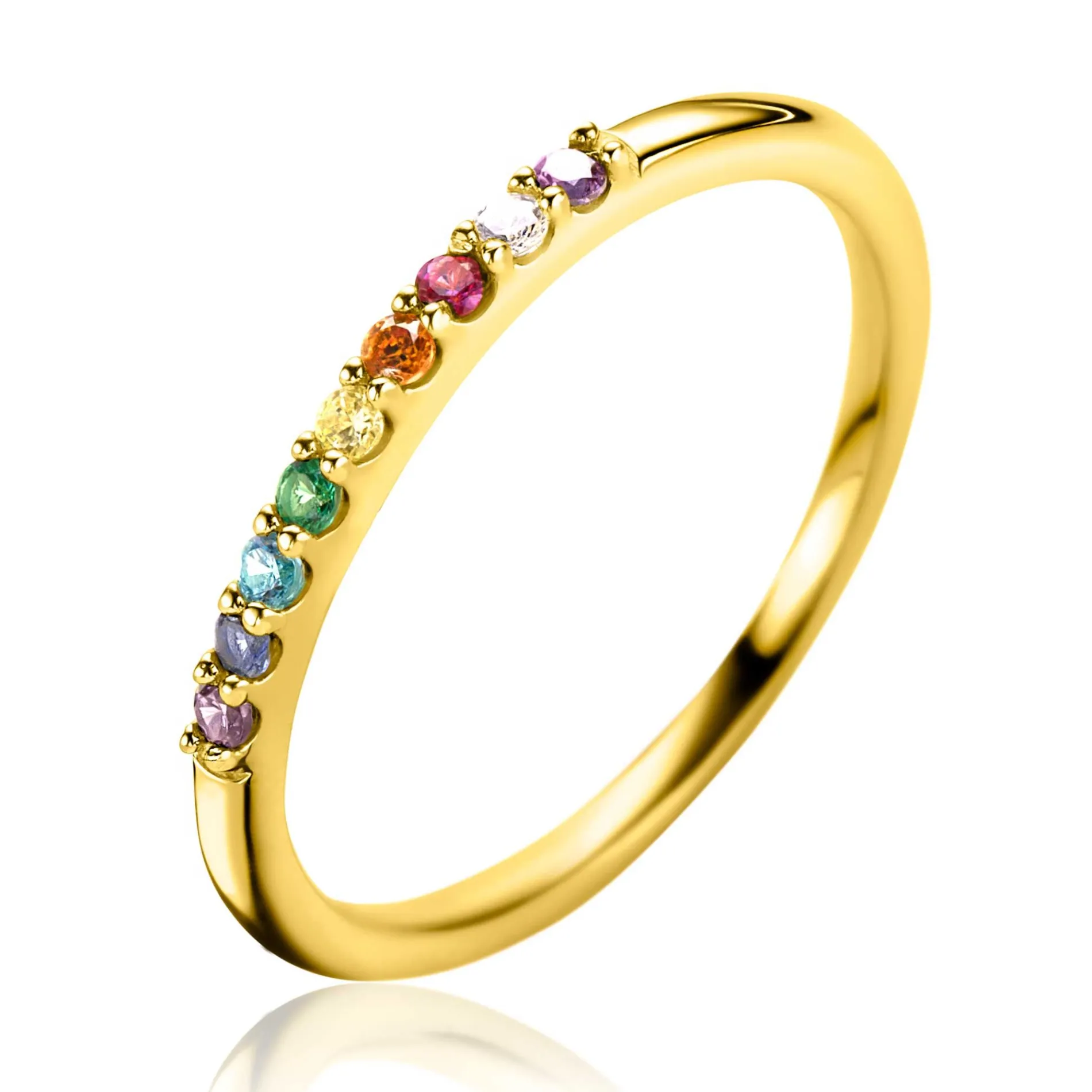 ZINZI gold plated zilveren aanschuifring met regenboog kleurstenen in chatonzettingen ZIR2598