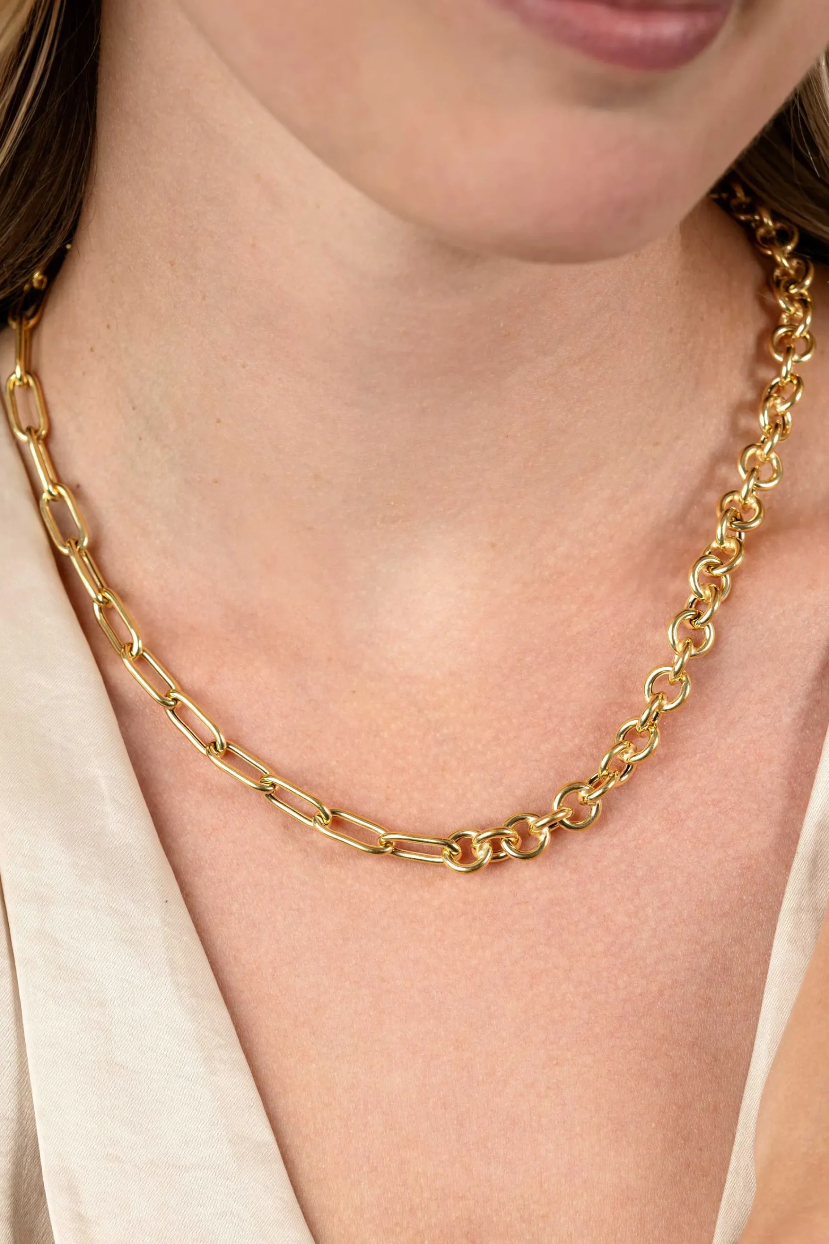 ZINZI gold plated zilveren ketting 45cm met twee stoere schakels gecombineerd: jasseron en ovale schakels (8,5mm breed) ZIC2477G