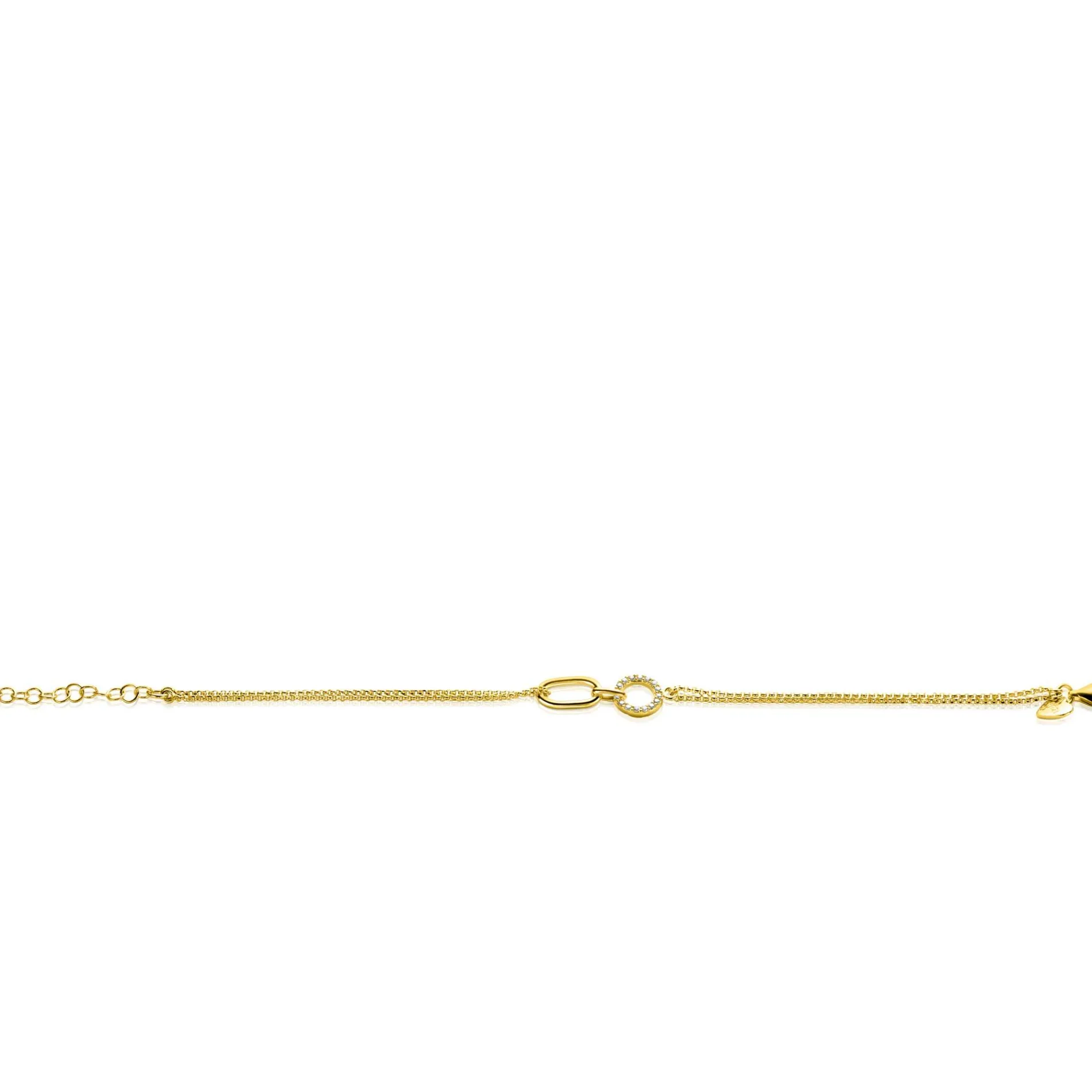 ZINZI gold plated zilveren multi-look armband met twee kettinkjes, verbonden aan een ovale schakel en open rondje bezet met witte zirconia's 17-20cm ZIA2463Y