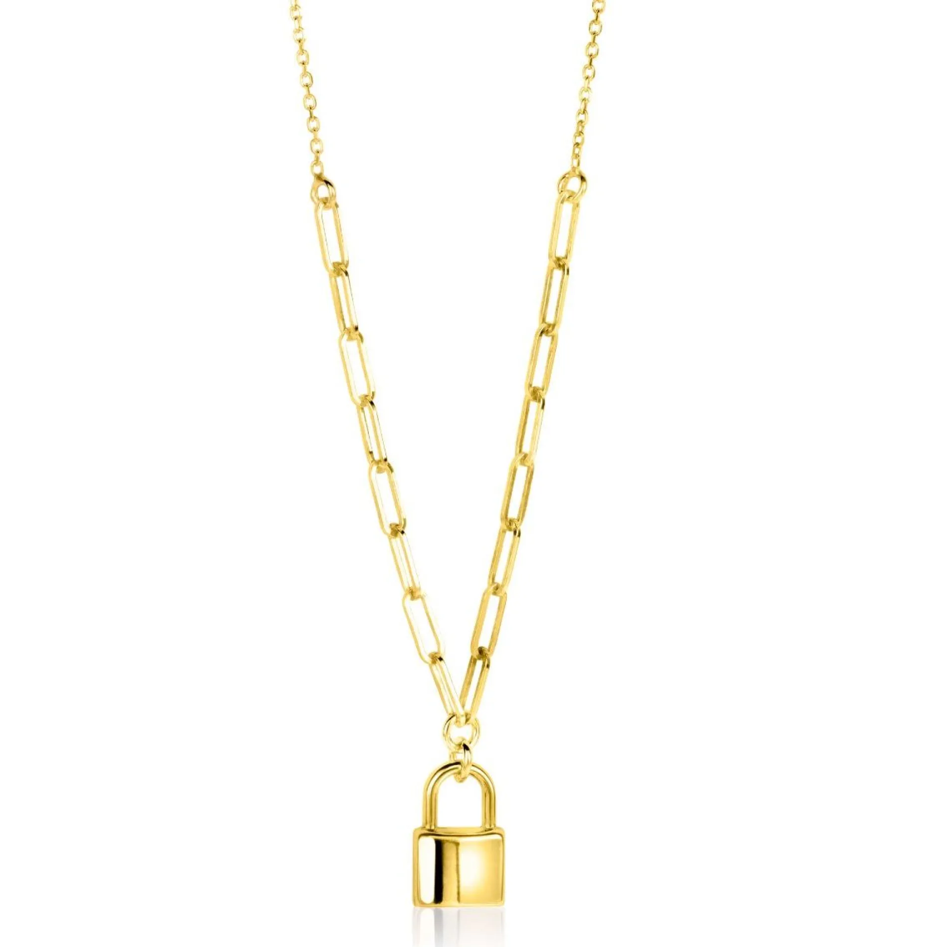 ZINZI gold plated zilveren paperclip schakelketting 45cm met trendy slotje als bedel 40-45cm ZIC2355G