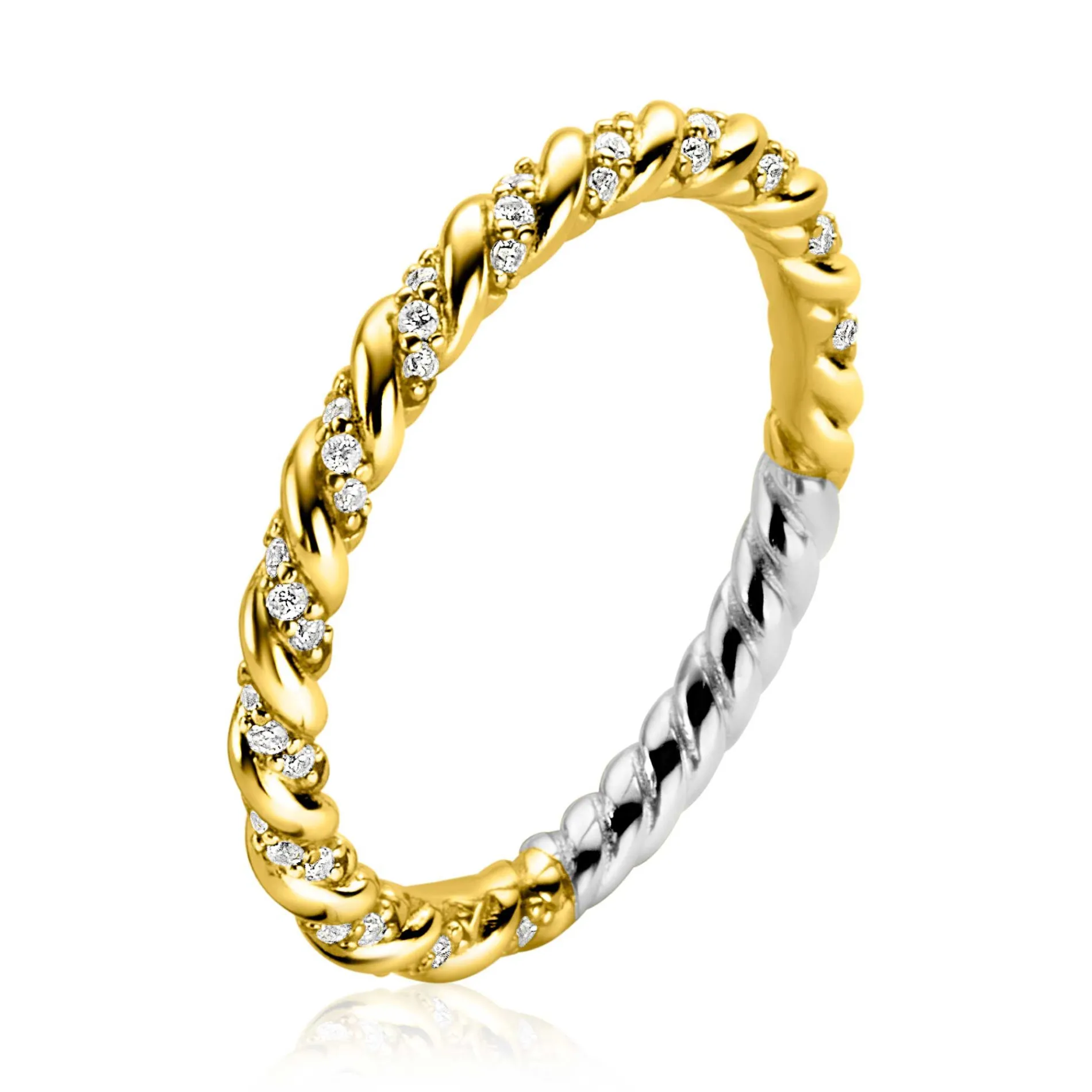 ZINZI gold plated zilveren aanschuifring gedraaid met witte zirconia's ZIR2320Y