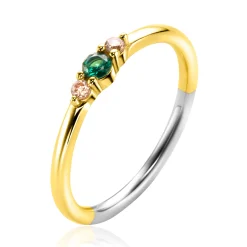 ZINZI gold plated zilveren ring met ronde chatonzettingen diepgroen en champagne kleurstenen 3mm breed ZIR2562