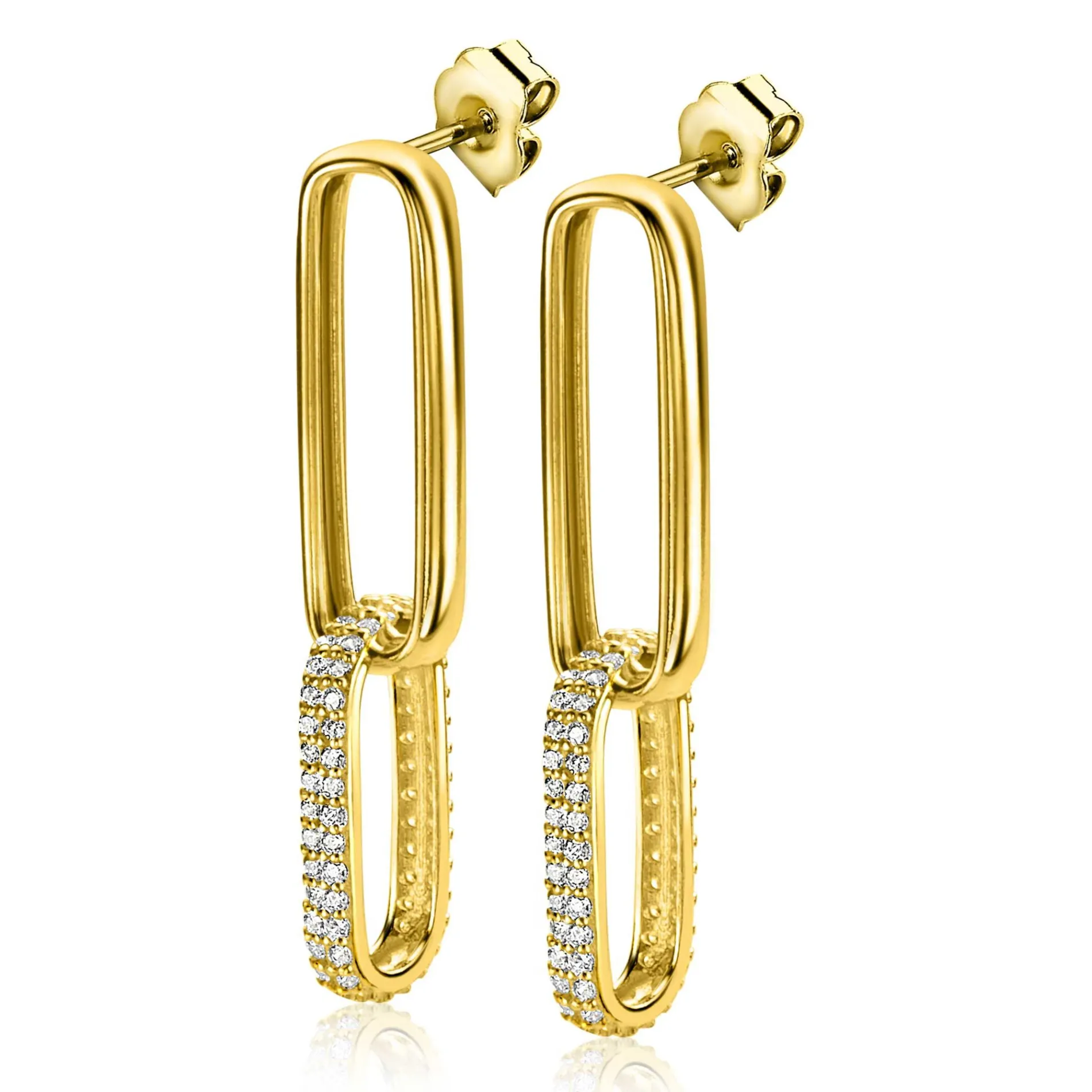 ZINZI gold plated zilveren lange oorsieraden 38mm met twee ovale schakels, bezet met witte zirconia's ZIO2371Y