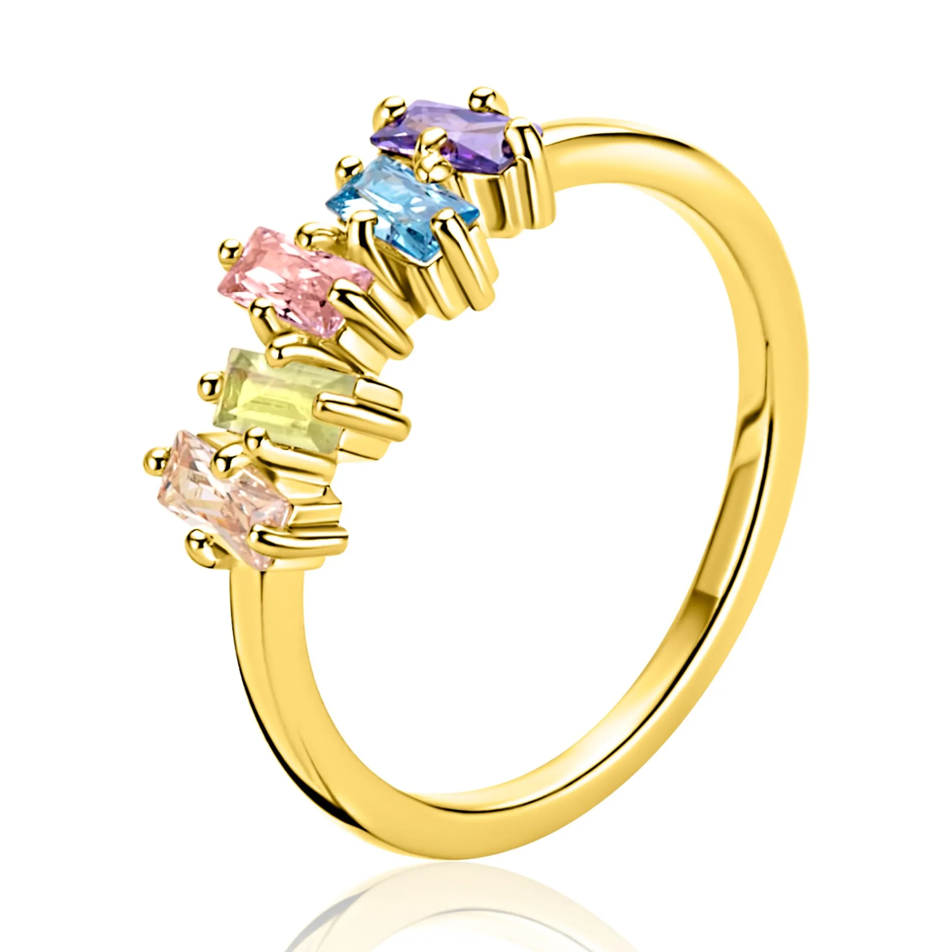 ZINZI gold plated zilveren ring (6mm breed) rechthoekige zettingen, bezet met multicolor kleurstenen ZIR2739