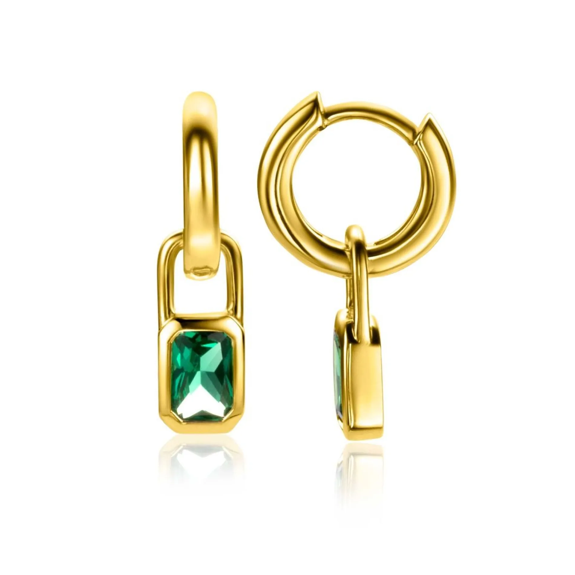 ZINZI gold plated zilveren oorbedels rechthoek met groene kleurstenen 13mm ZICH2307 (zonder oorringen)