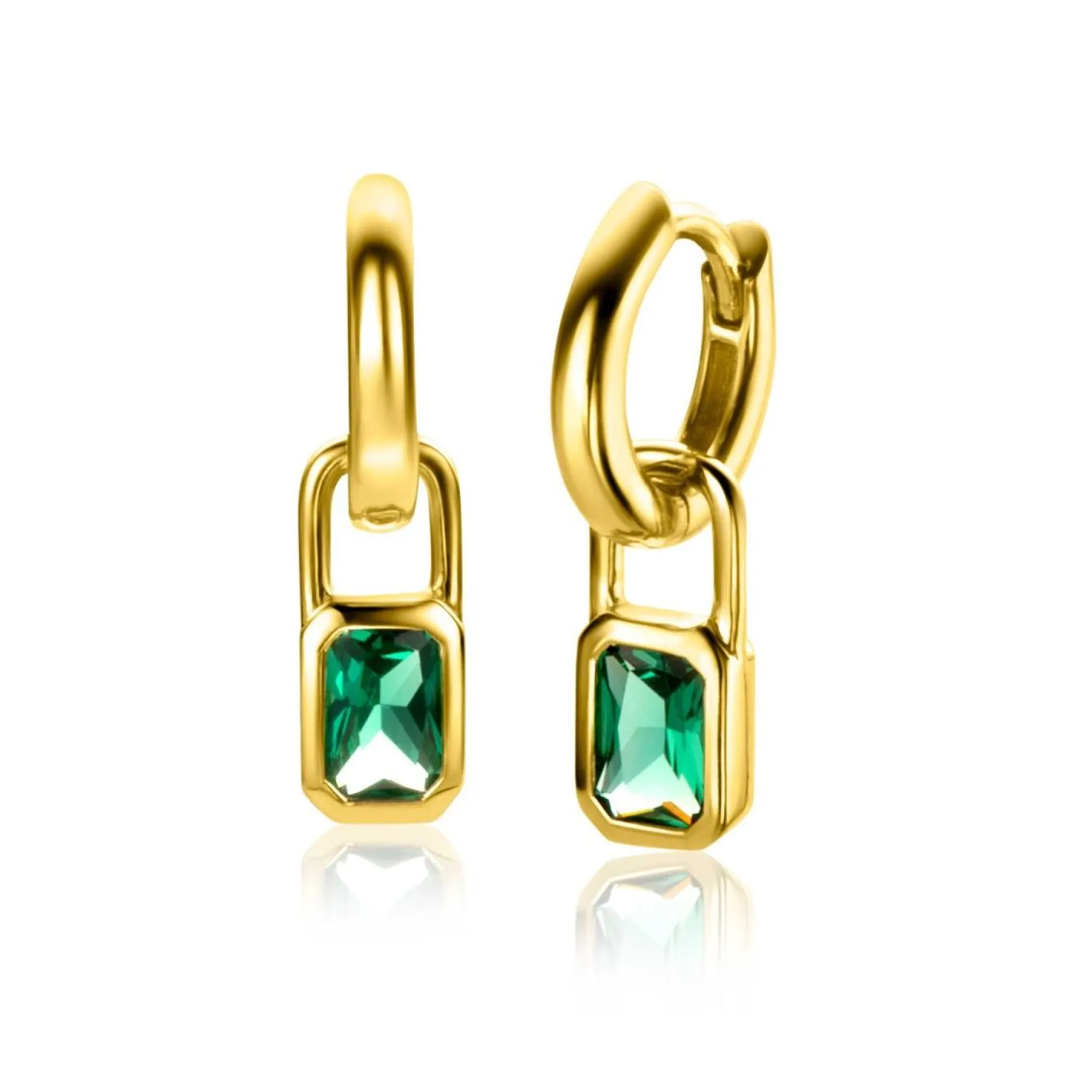 ZINZI gold plated zilveren oorbedels rechthoek met groene kleurstenen 13mm ZICH2307 (zonder oorringen)