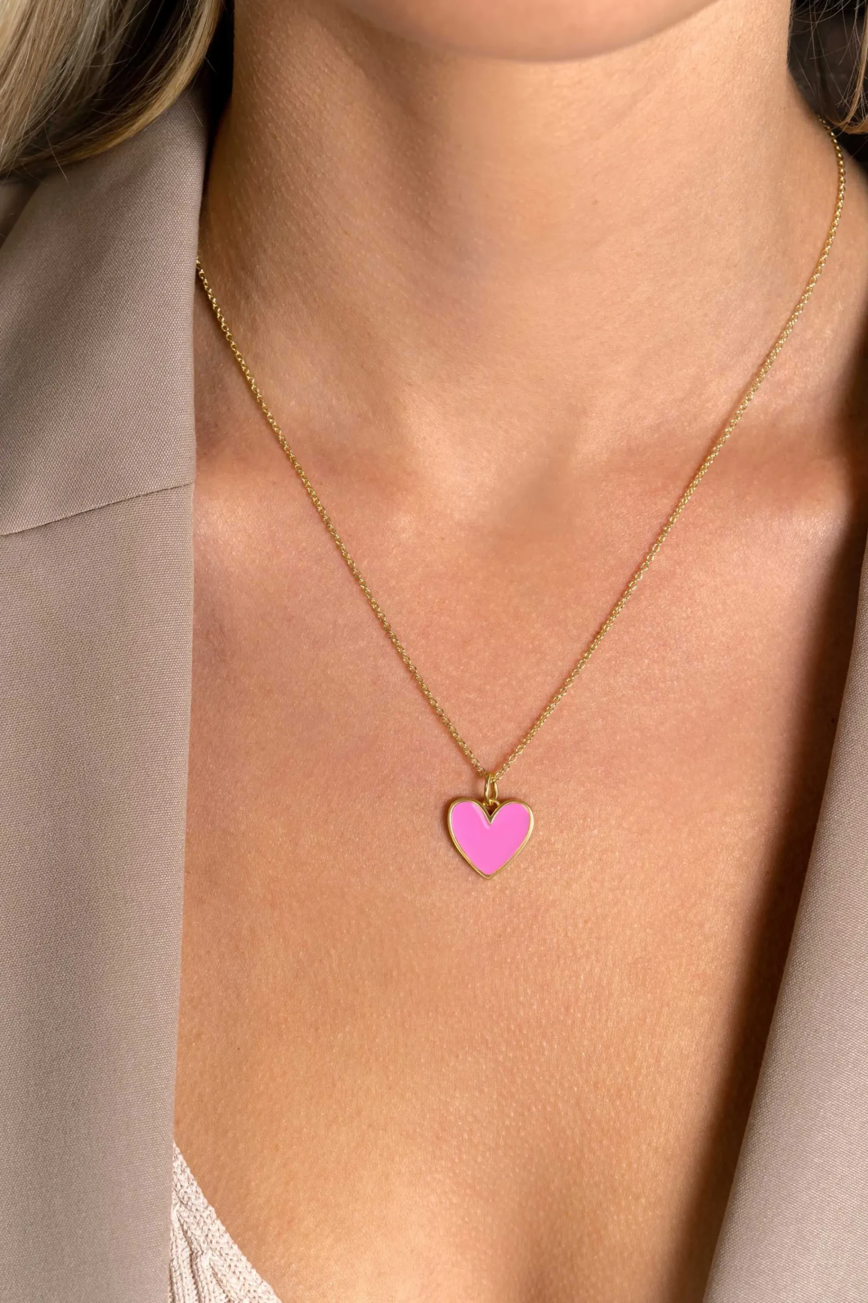 ZINZI gold plated zilveren hanger hart 15mm met roze emaille ZIH2314R (zonder collier)