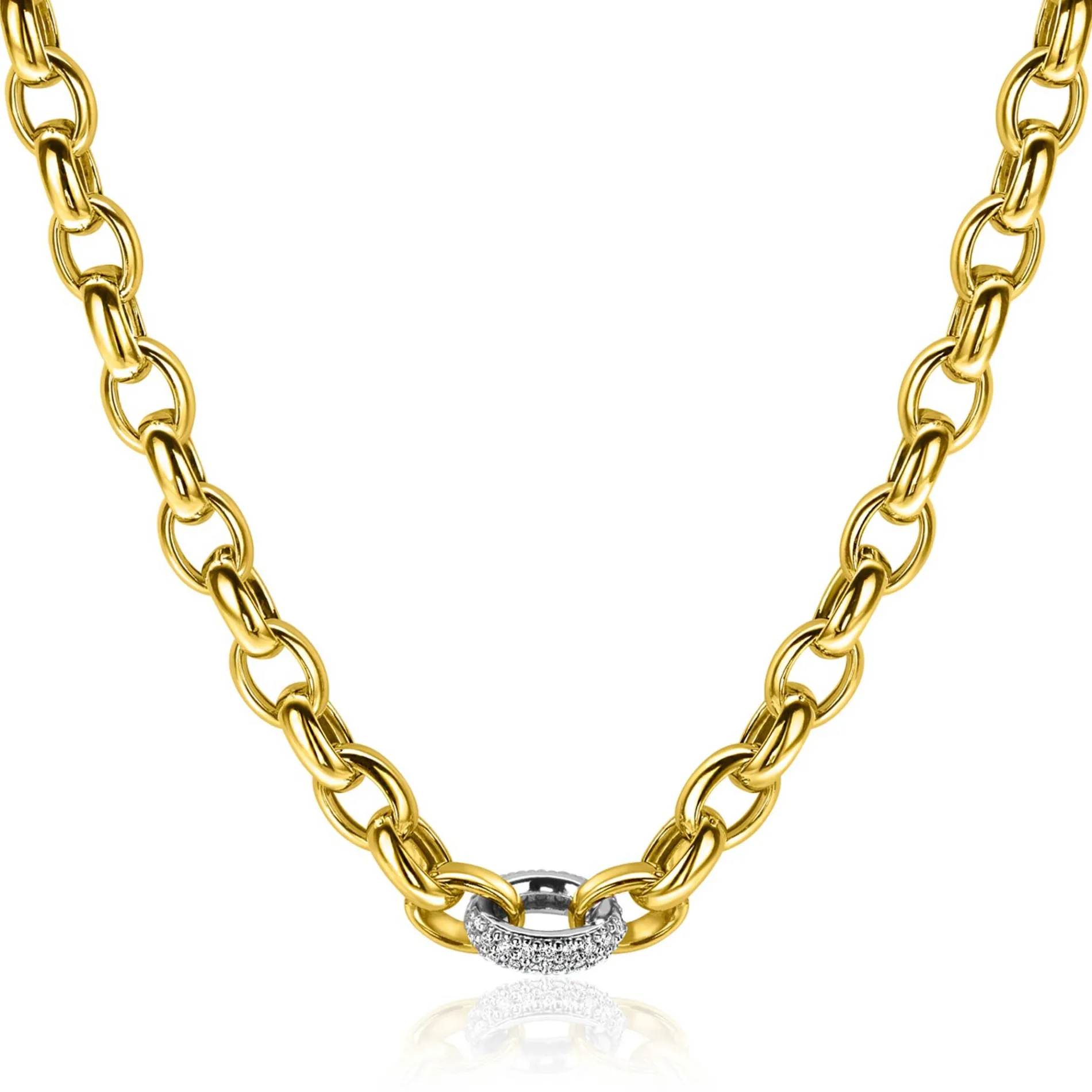 ZINZI gold plated zilveren schakel ketting met een ronde schakel bezet met witte zirkonia's 6mm breed 45cm ZIC2664