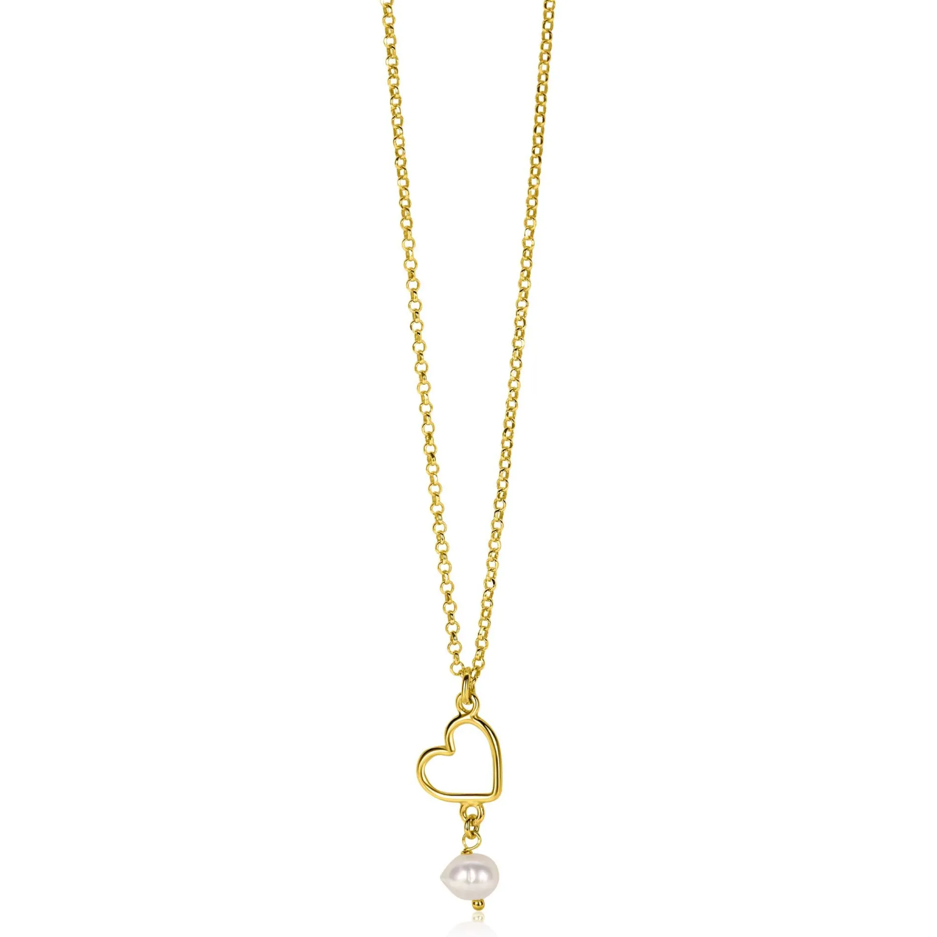 ZINZI gold plated zilveren ketting met open hartje en bungelend witte zoetwaterparel 40-45cm ZIC2642