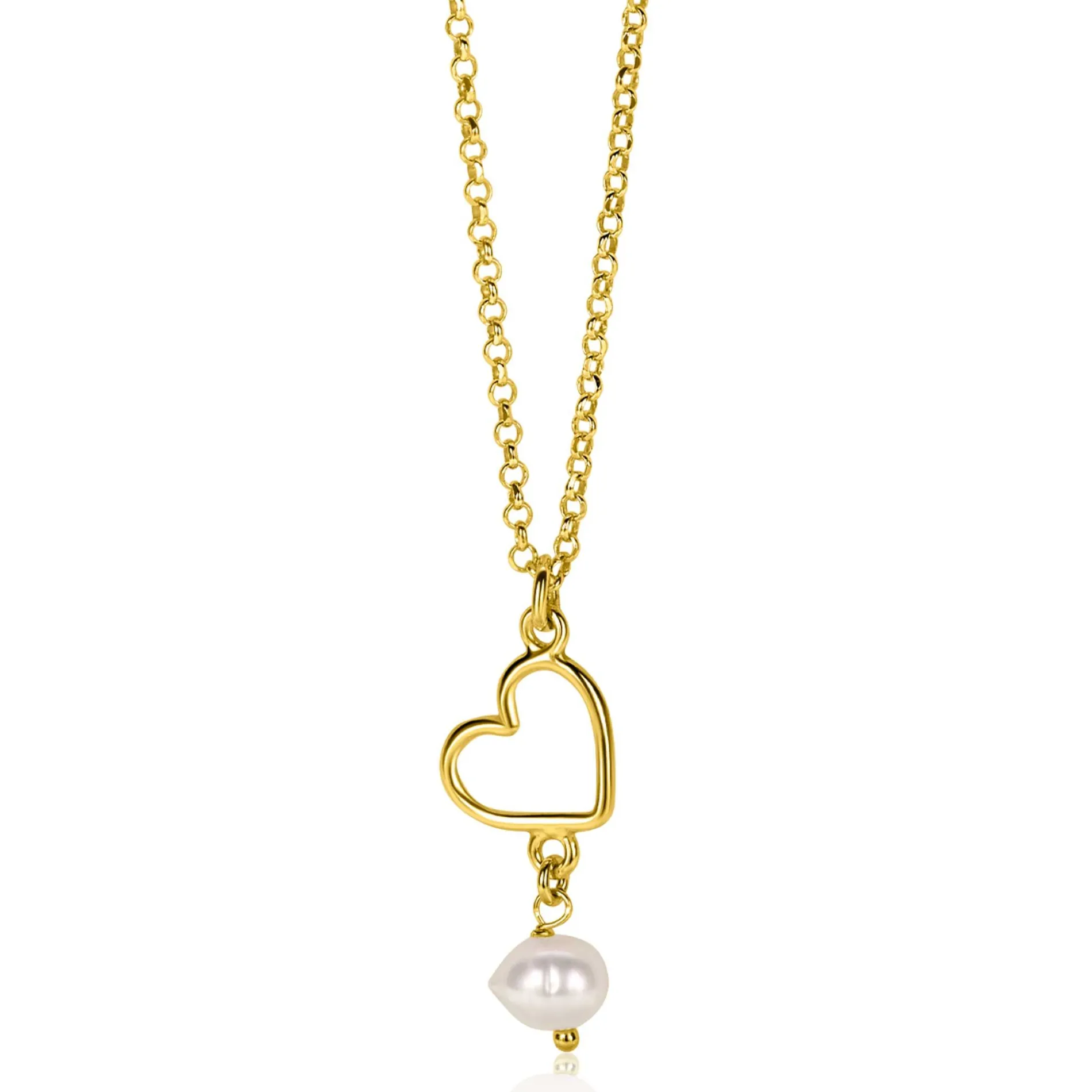 ZINZI gold plated zilveren ketting met open hartje en bungelend witte zoetwaterparel 40-45cm ZIC2642