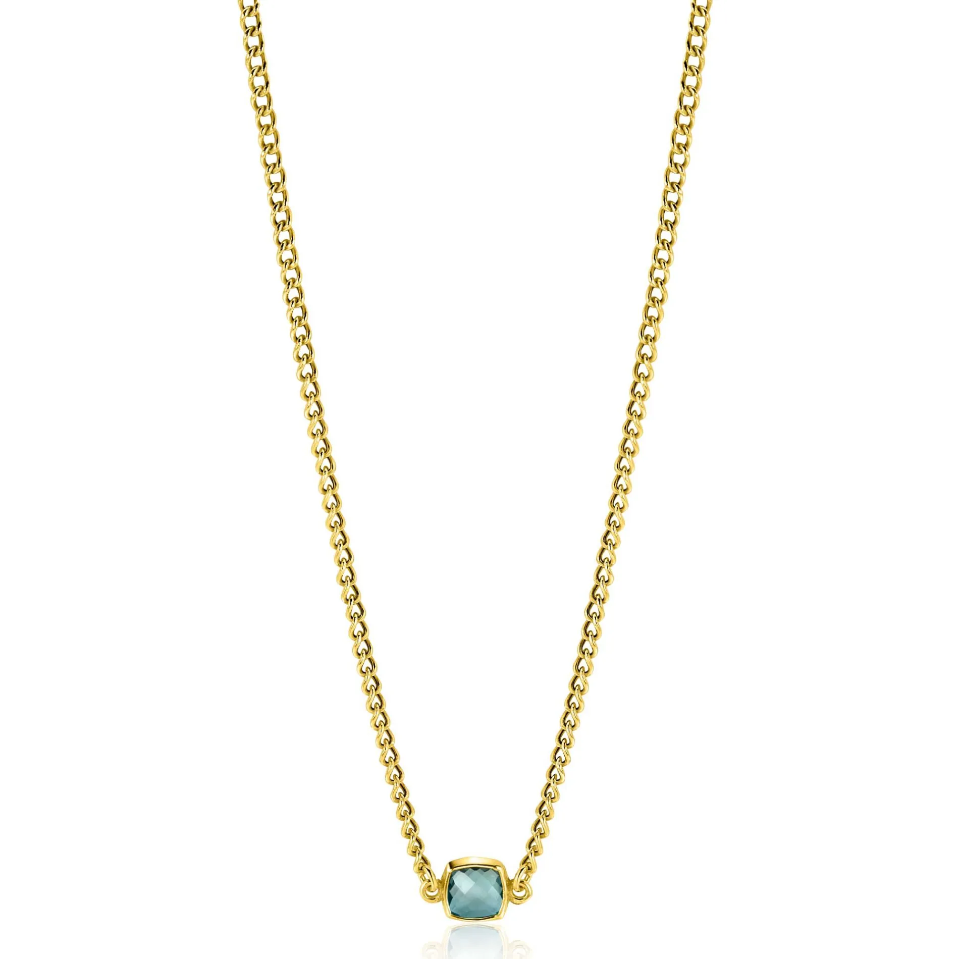 ZINZI gold plated zilveren gourmet ketting met vierkante zetting bezet met indigo blauwe kleursteen 40-45cm ZIC2417G