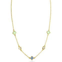 ZINZI gold plated zilveren schakelketting met twee mintgroene klavers en een blauwe klaver 40-45cm ZIC2763