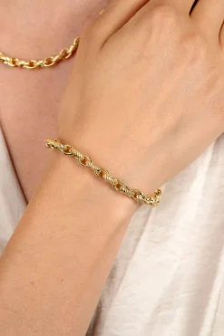 ZINZI gold plated zilveren brede schakelarmband (6mm breed) met luxe jasseron schakels in glad en bewerkt 20cm ZIA2638