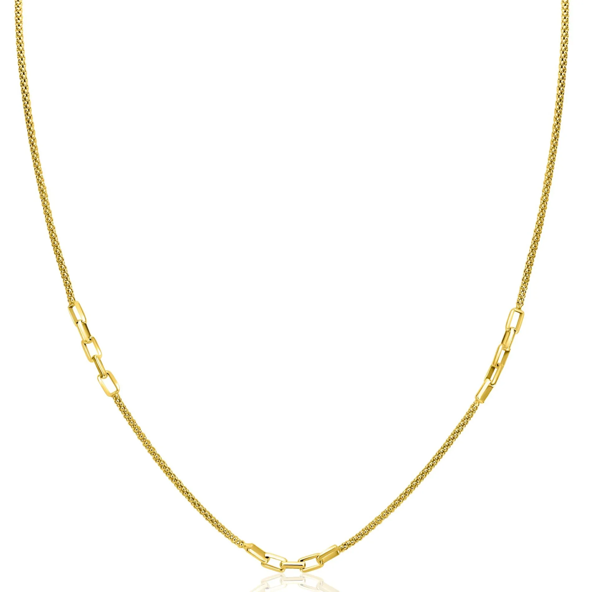 ZINZI gold plated zilveren popcorn schakelketting 45-48cm met drie paperclip schakelaccenten ZIC2709G