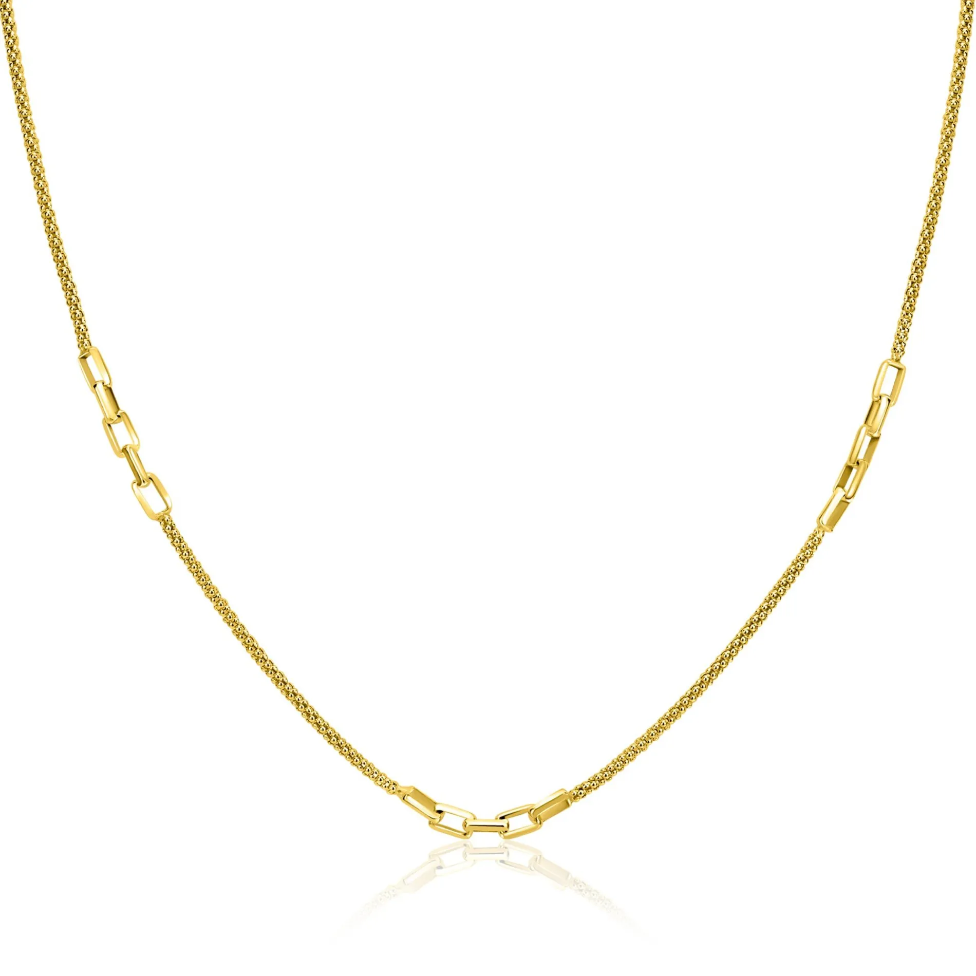 ZINZI gold plated zilveren popcorn schakelketting 45-48cm met drie paperclip schakelaccenten ZIC2709G