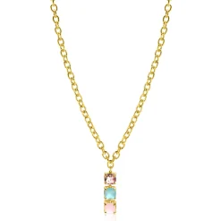 ZINZI gold plated zilveren schakel ketting 43-45cm met luxe hanger (30mm) van drie vierkante zettingen bezet met roze en turquoise kleurstenen ZIC2454
