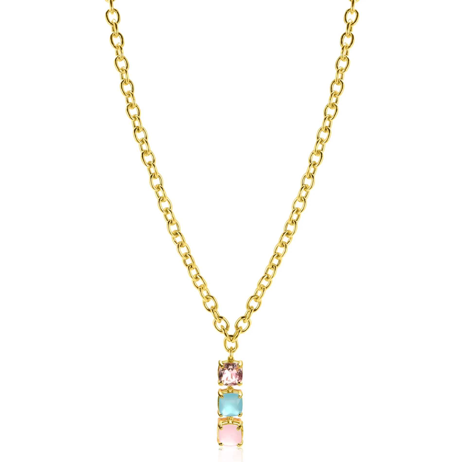 ZINZI gold plated zilveren schakel ketting 43-45cm met luxe hanger (30mm) van drie vierkante zettingen bezet met roze en turquoise kleurstenen ZIC2454